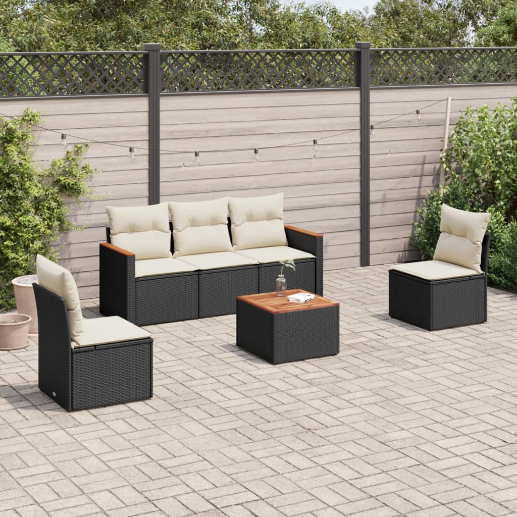 HKH 6 Pcs Conjunto Sofás de Jardim C/ Almofadões Vime Pe - Preto