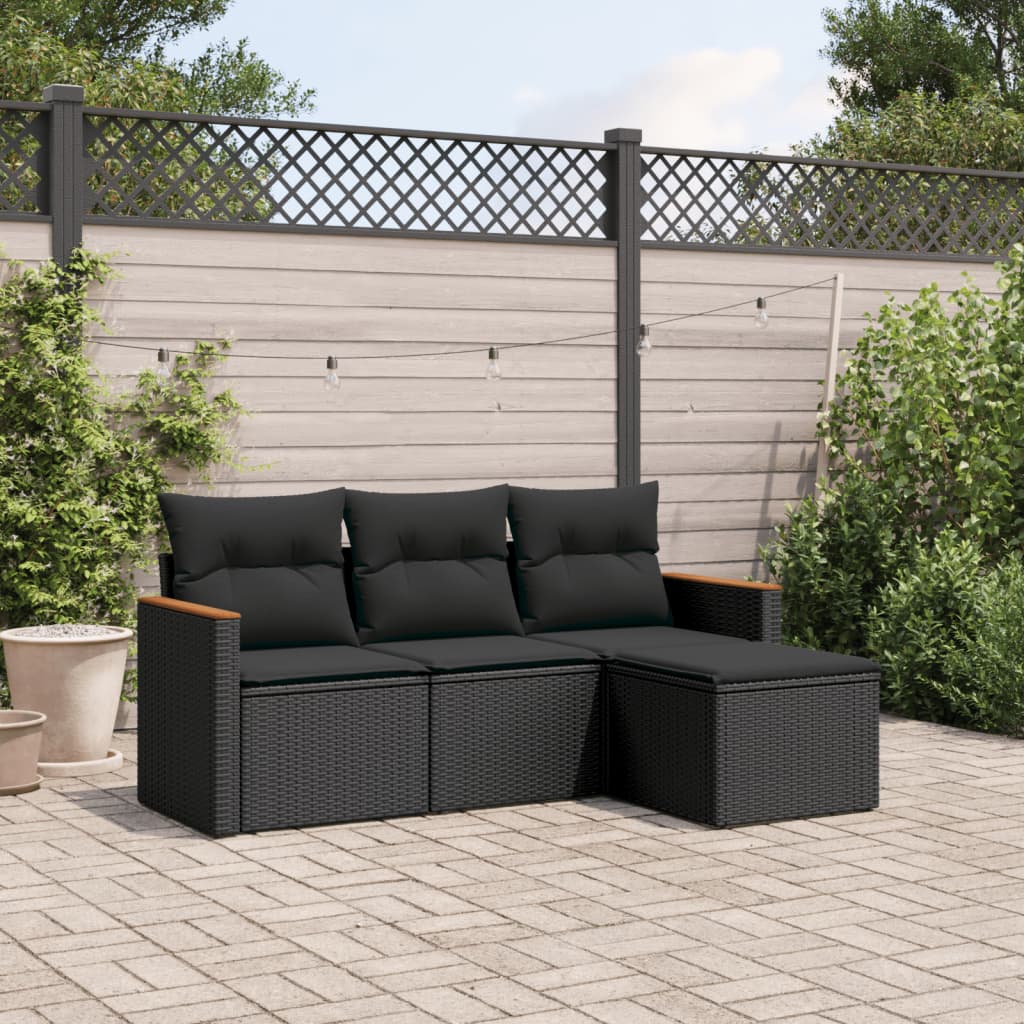 HKH 4 Pcs Conjunto de Sofás para Jardim C/ Almofadões Vime Pe - Preto