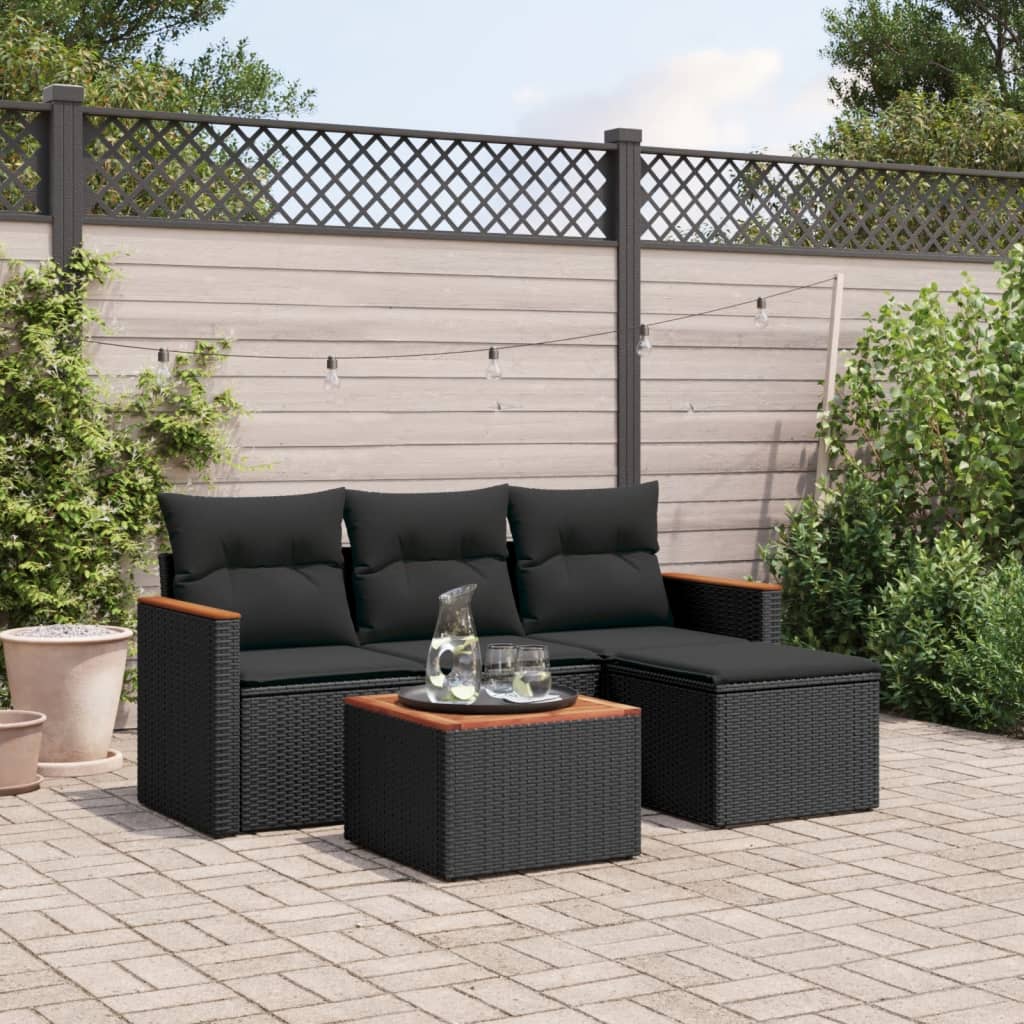 HKH 5 Pcs Conjunto Sofás de Jardim com Almofadões Vime Pe - Preto