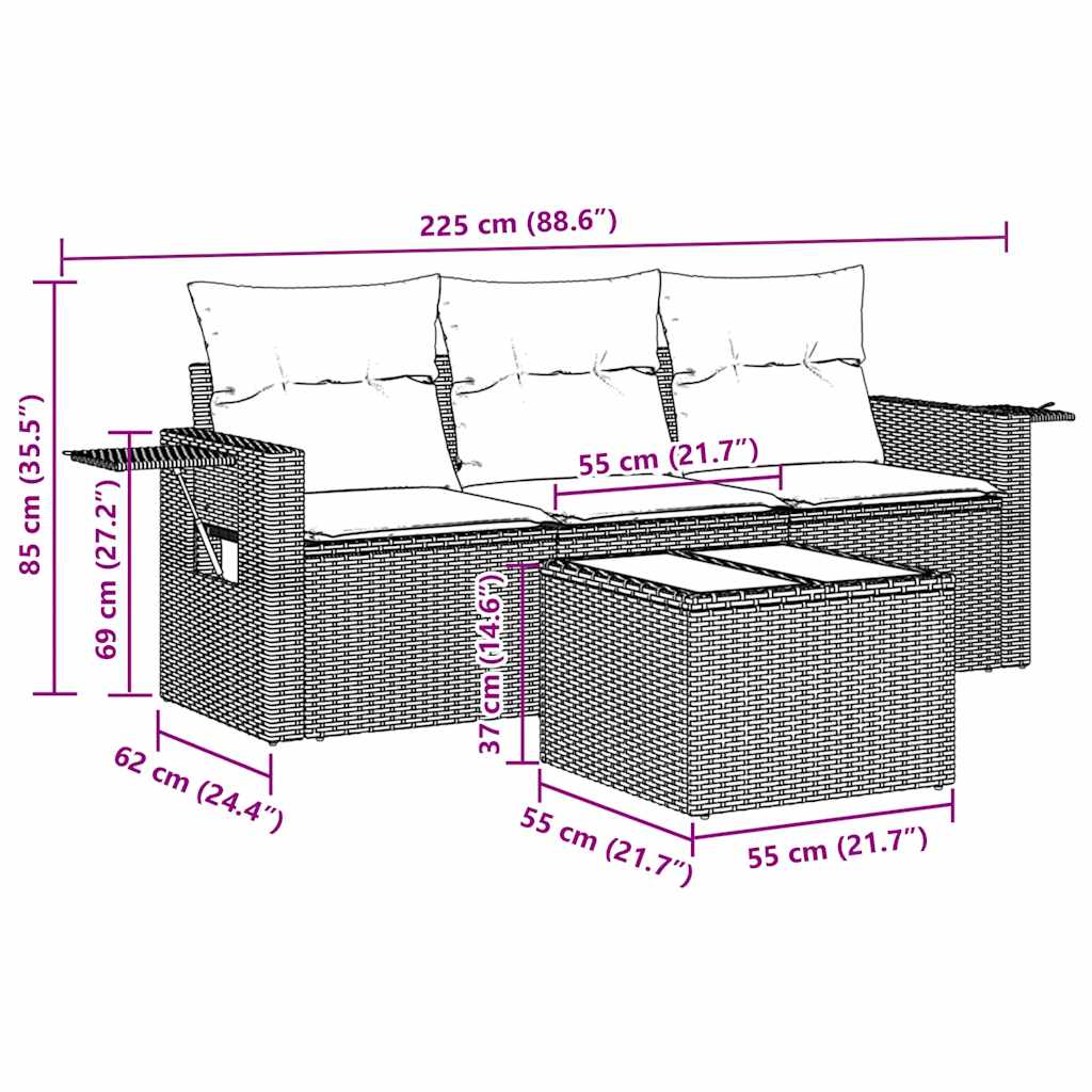 HKH 4 Pcs Conjunto de Sofás para Jardim C/ Almofadões Vime Pe - Preto