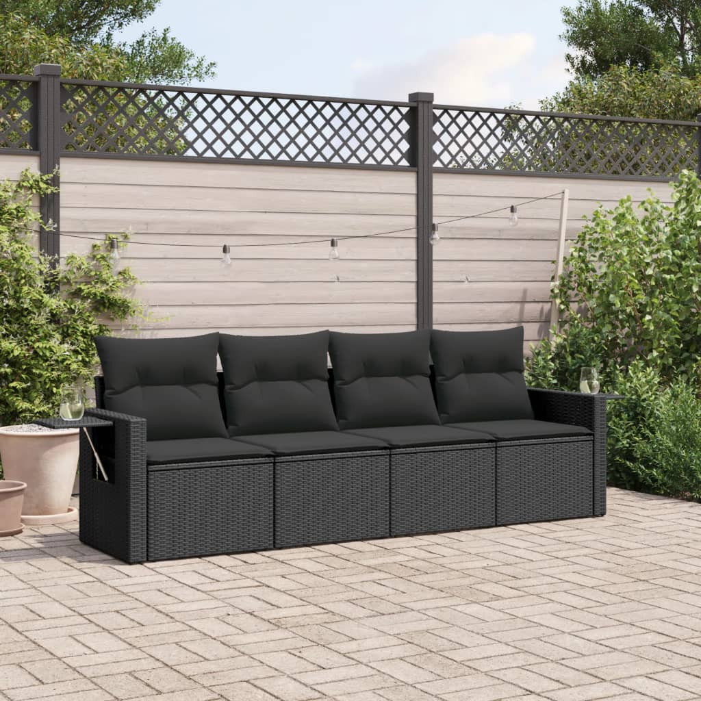 HKH 4 Pcs Conjunto de Sofás para Jardim C/ Almofadões Vime Pe - Preto