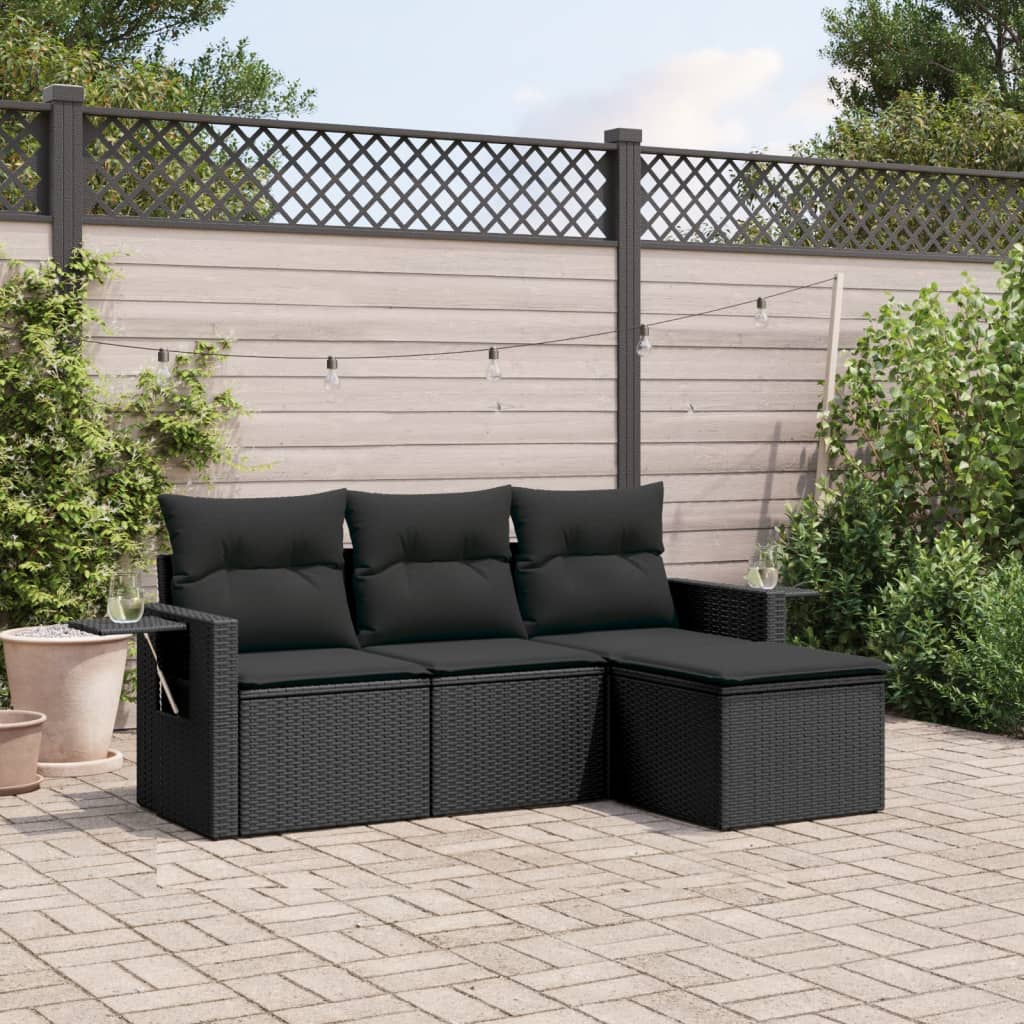 HKH 4 Pcs Conjunto de Sofás para Jardim C/ Almofadões Vime Pe - Preto
