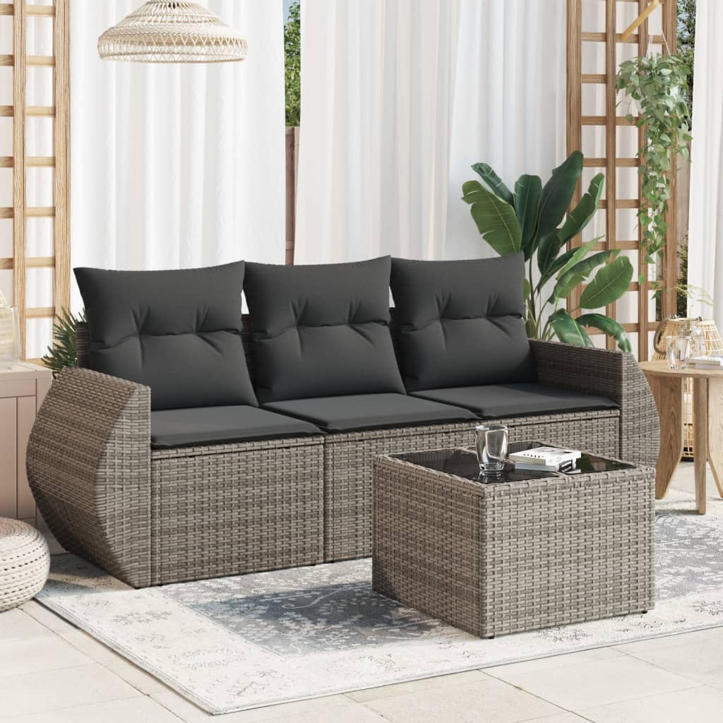 HKH 4 Pcs Conjunto Sofás de Jardim C/ Almofadões Vime Pe - Cinzento