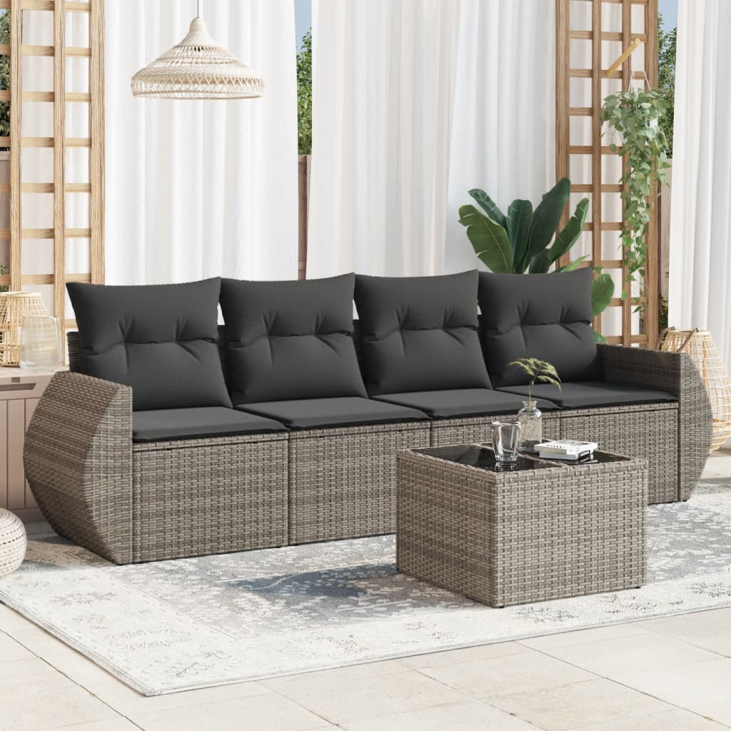 HKH 5 Pcs Conjunto Sofás de Jardim C/ Almofadões Vime Pe - Cinzento