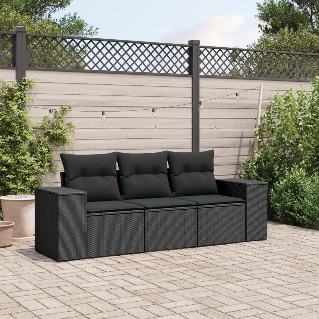 HKH 3 Pcs Conjunto Sofás de Jardim com Almofadões Vime Pe - Preto