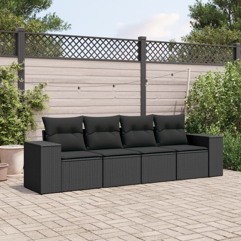 HKH 4 Pcs Conjunto de Sofás para Jardim C/ Almofadões Vime Pe - Preto