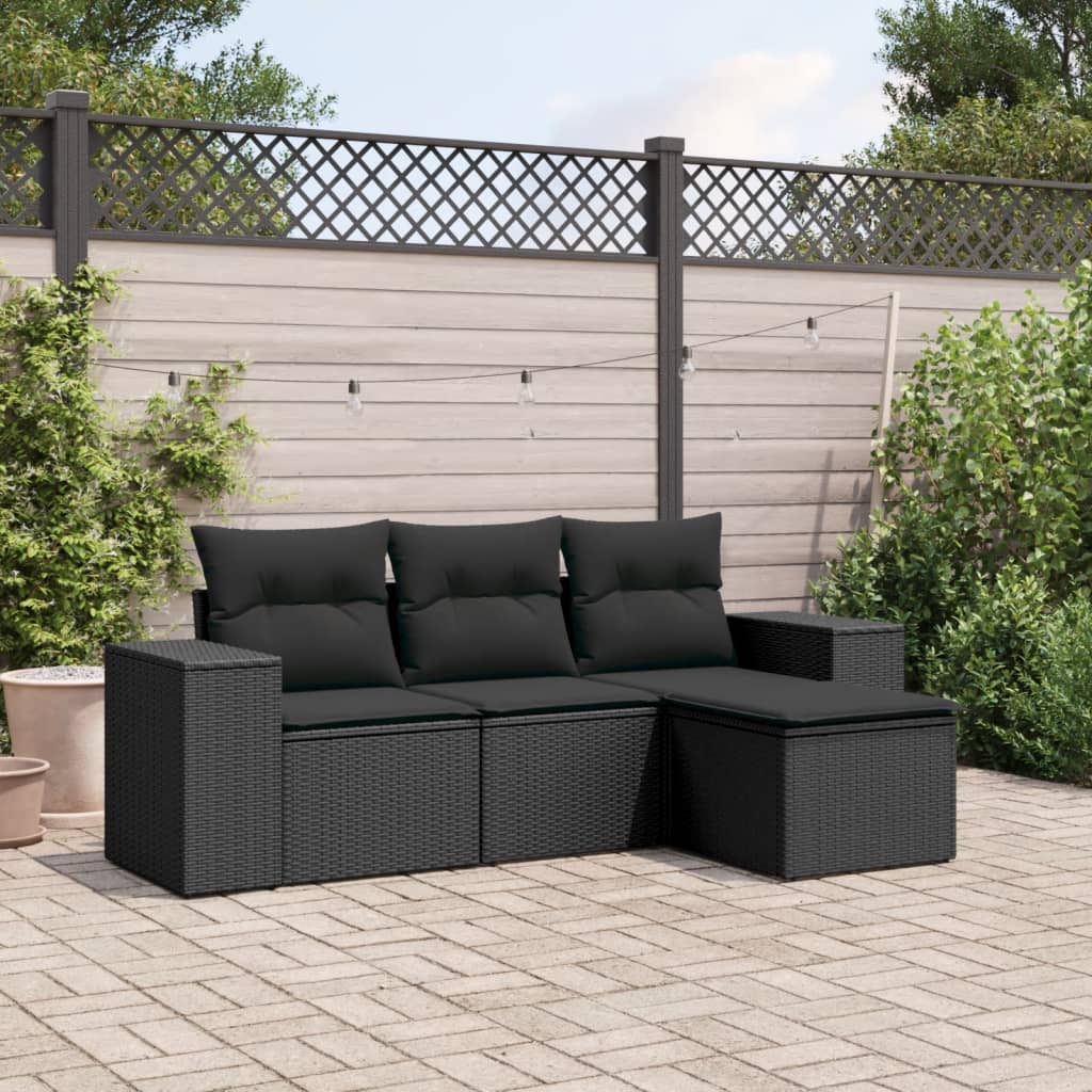 HKH 4 Pcs Conjunto de Sofás para Jardim C/ Almofadões Vime Pe - Preto