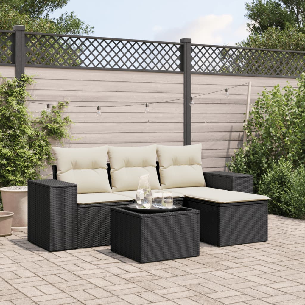HKH 5 Pcs Conjunto Sofás de Jardim com Almofadões Vime Pe - Preto