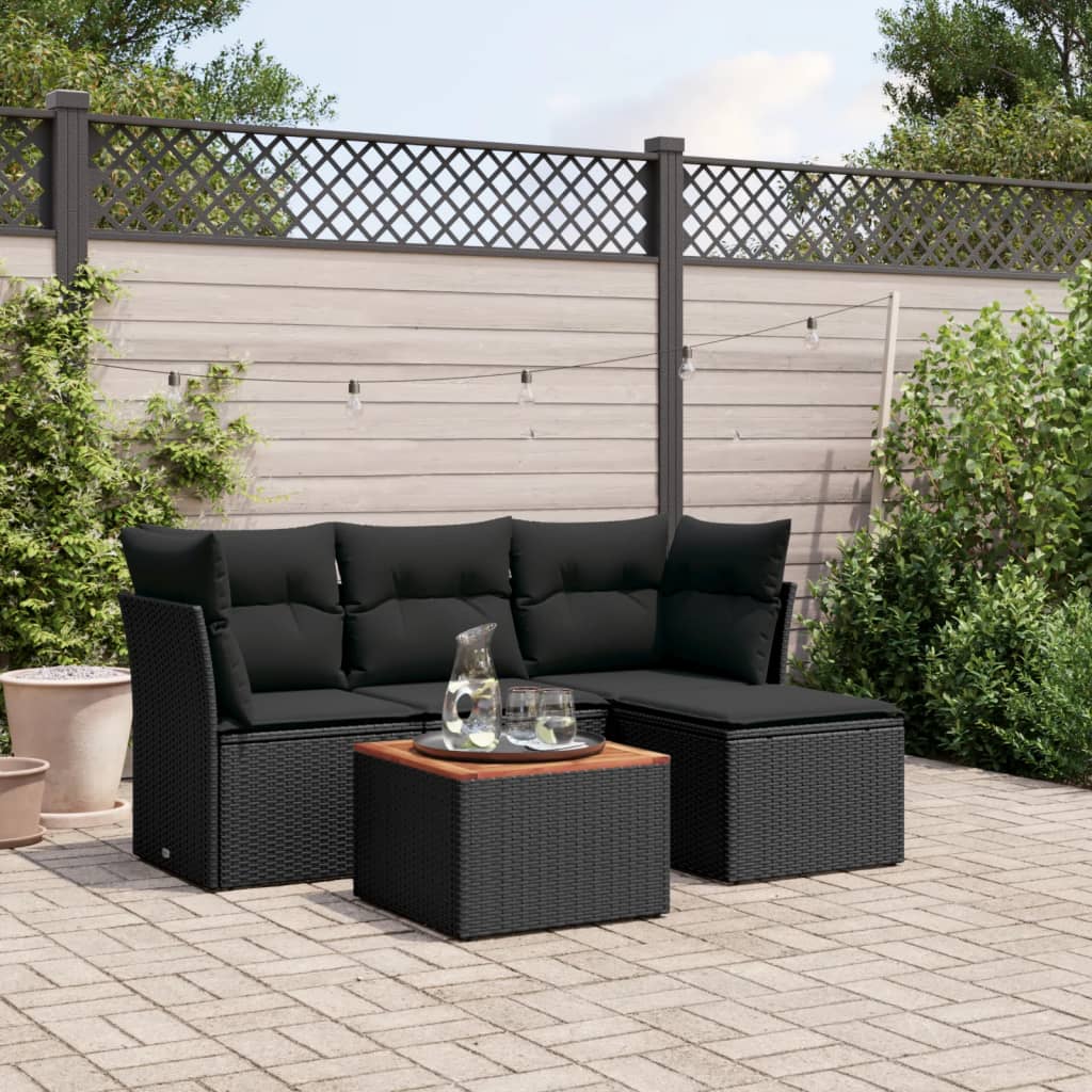 HKH 5 Pcs Conjunto Sofás de Jardim com Almofadões Vime Pe - Preto