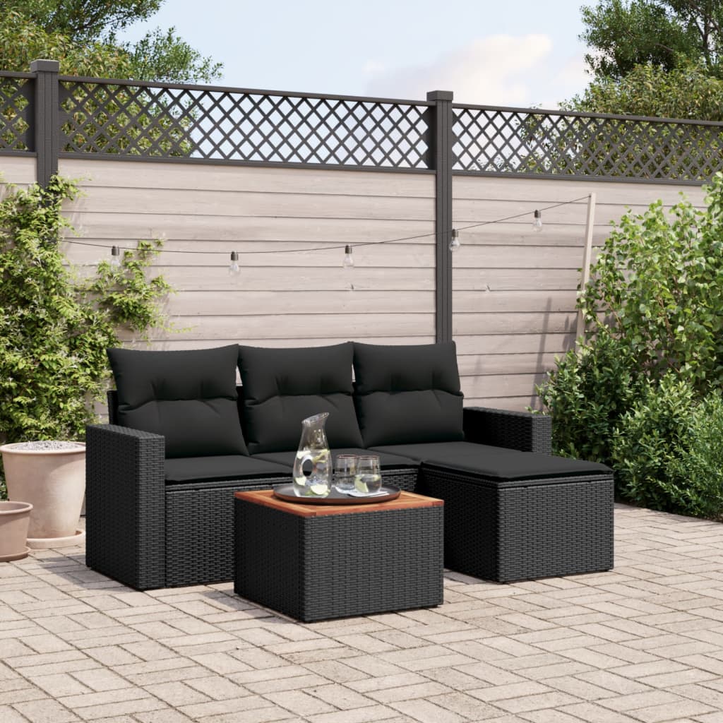 HKH 5 Pcs Conjunto Sofás de Jardim com Almofadões Vime Pe - Preto
