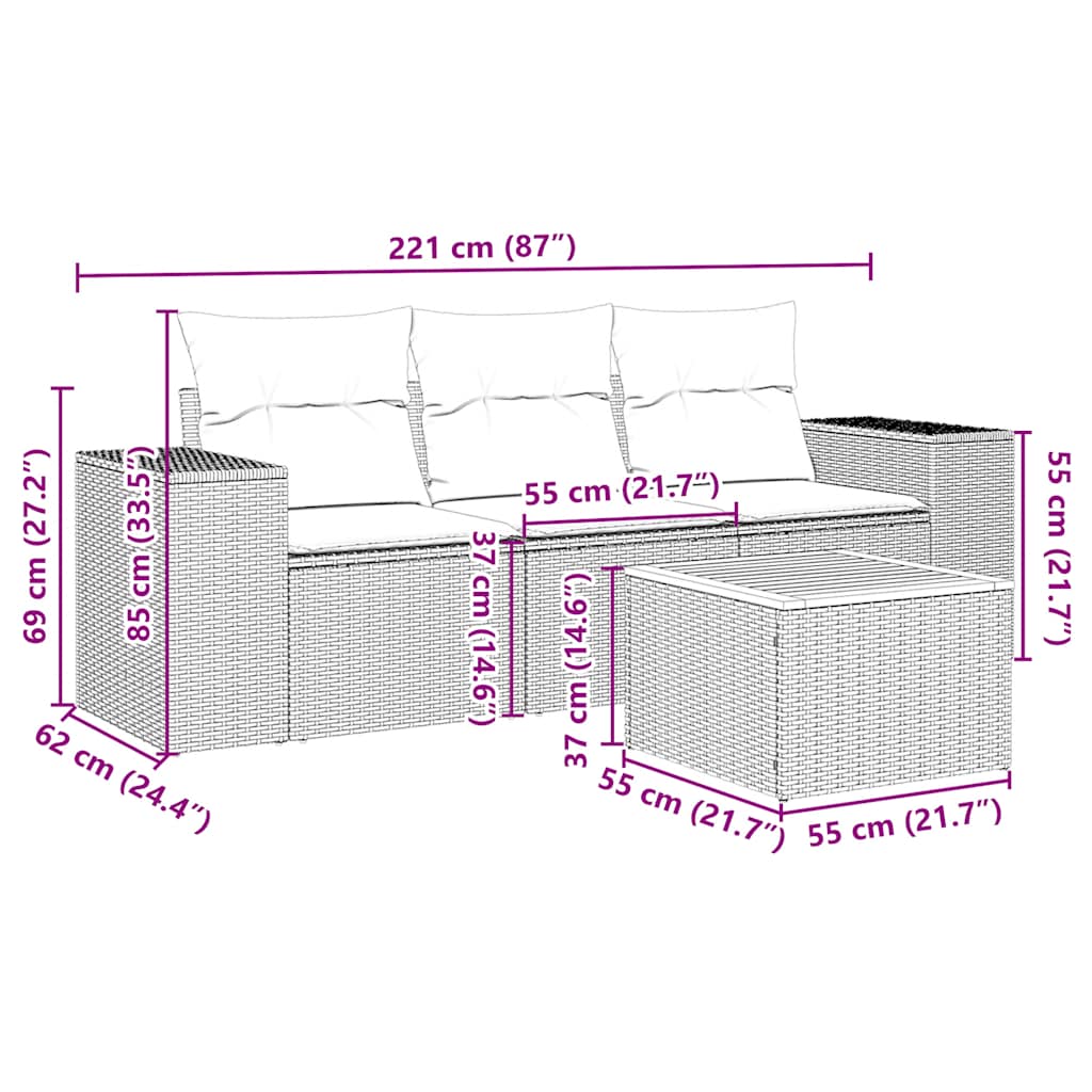 HKH 4 Pcs Conjunto de Sofás para Jardim C/ Almofadões Vime Pe - Preto