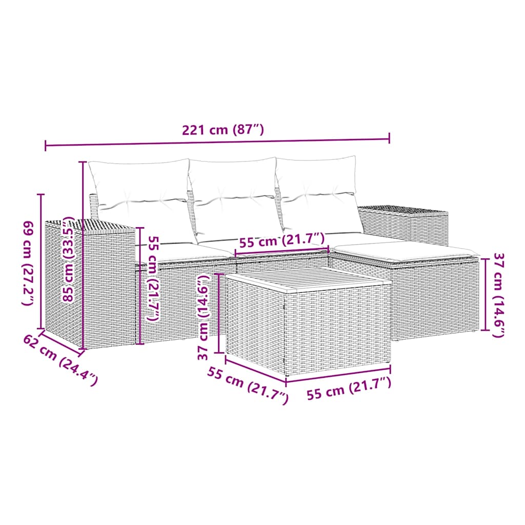 HKH 5 Pcs Conjunto Sofás de Jardim com Almofadões Vime Pe - Preto