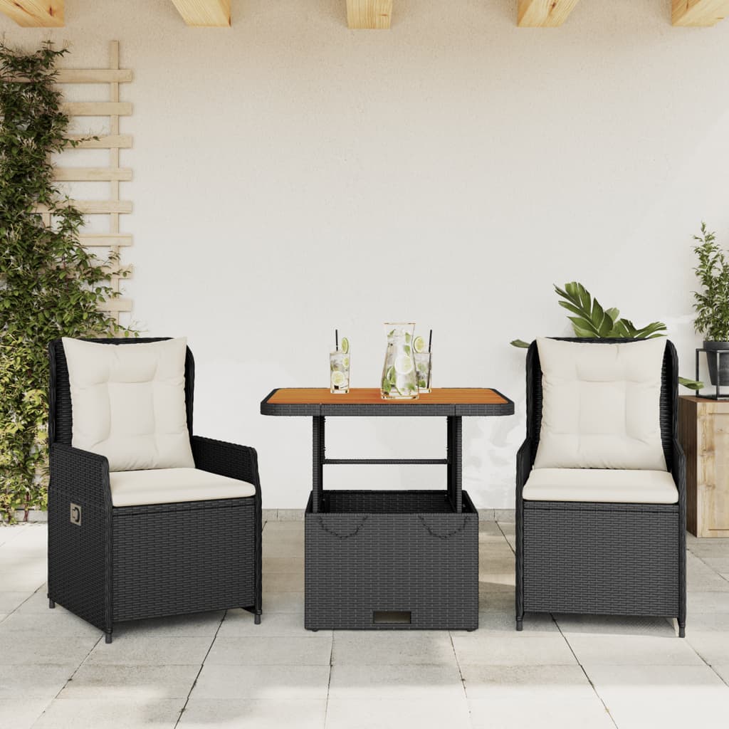 HKH 3 Pcs Conjunto de Bistro com Almofadões Vime Pe - Preto