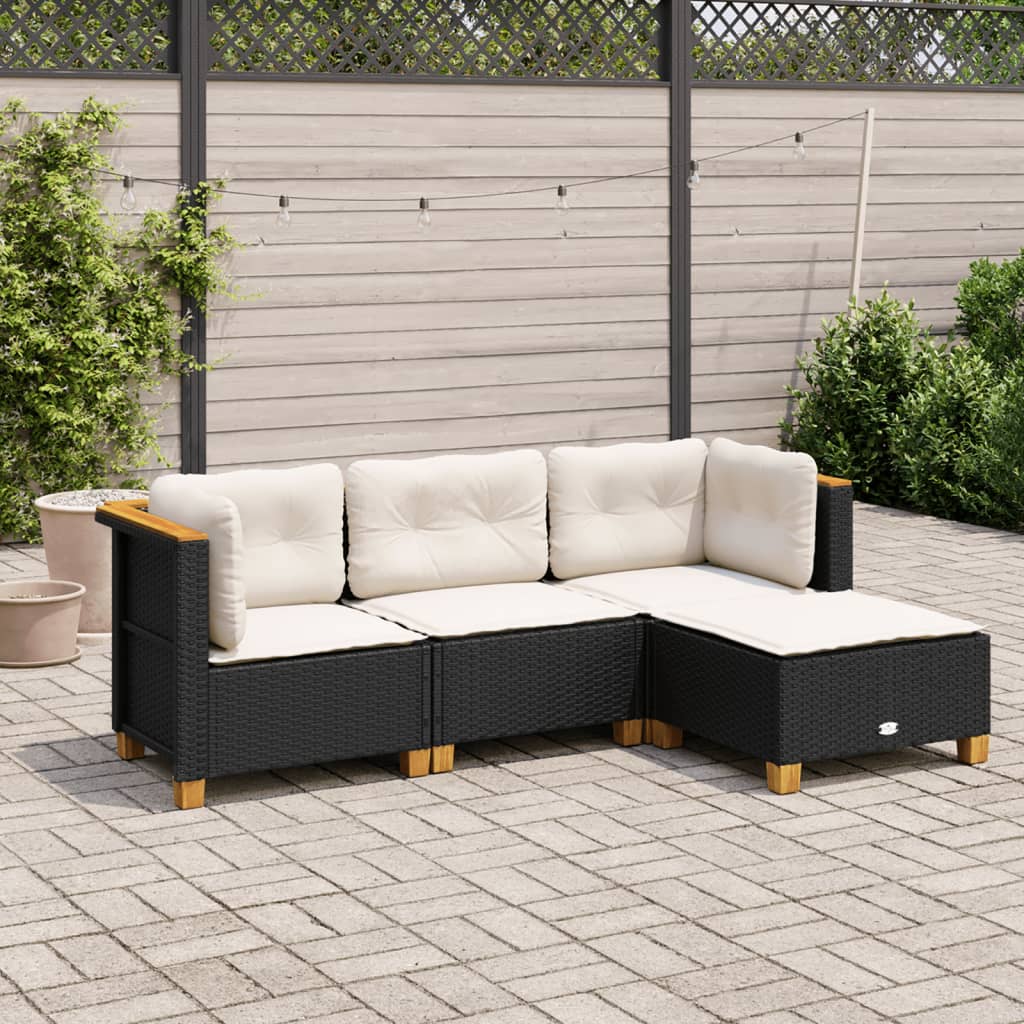 HKH 4 Pcs Conjunto de Sofás para Jardim C/ Almofadões Vime Pe - Preto