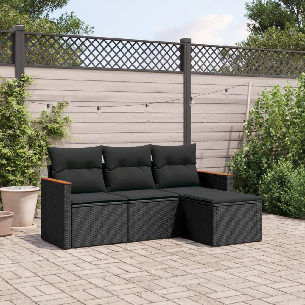 HKH 4 Pcs Conjunto de Sofás para Jardim C/ Almofadões Vime Pe - Preto