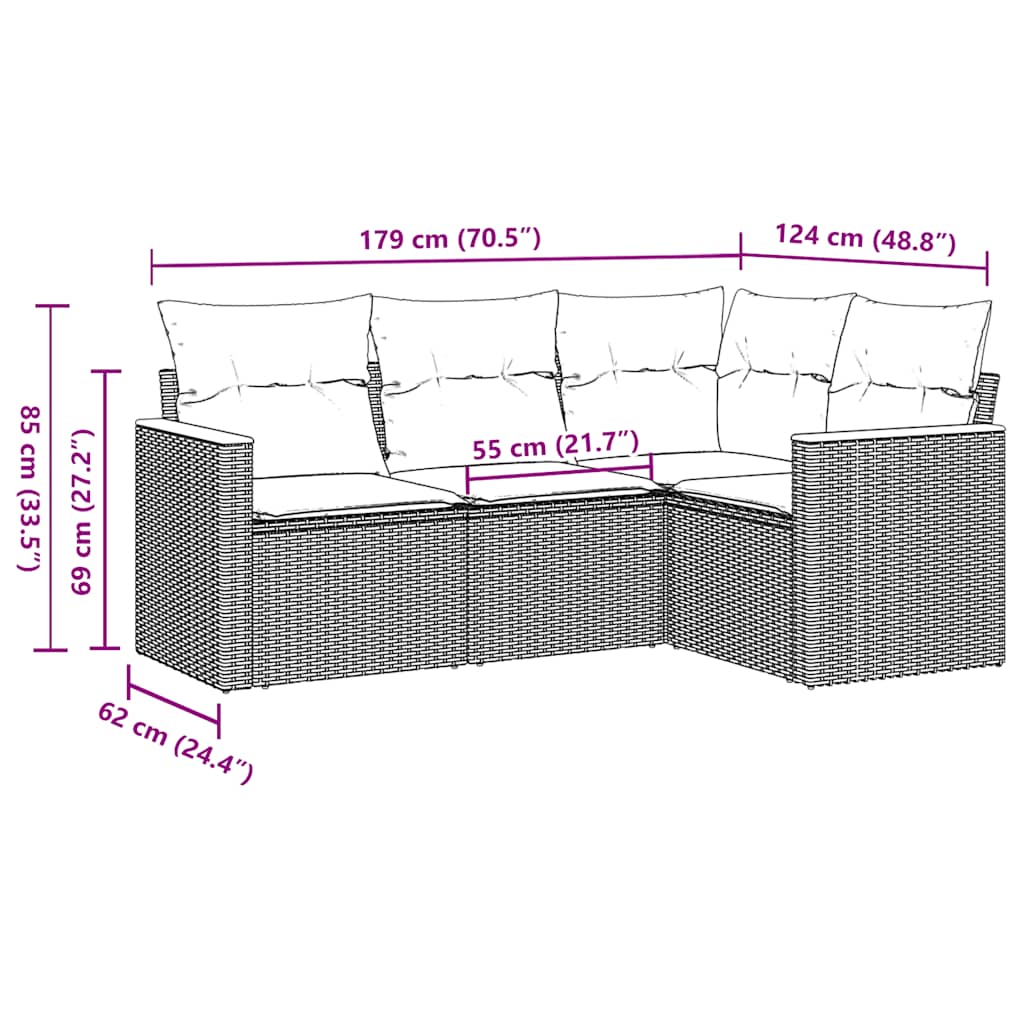 HKH 4 Pcs Conjunto de Sofás para Jardim C/ Almofadões Vime Pe - Preto
