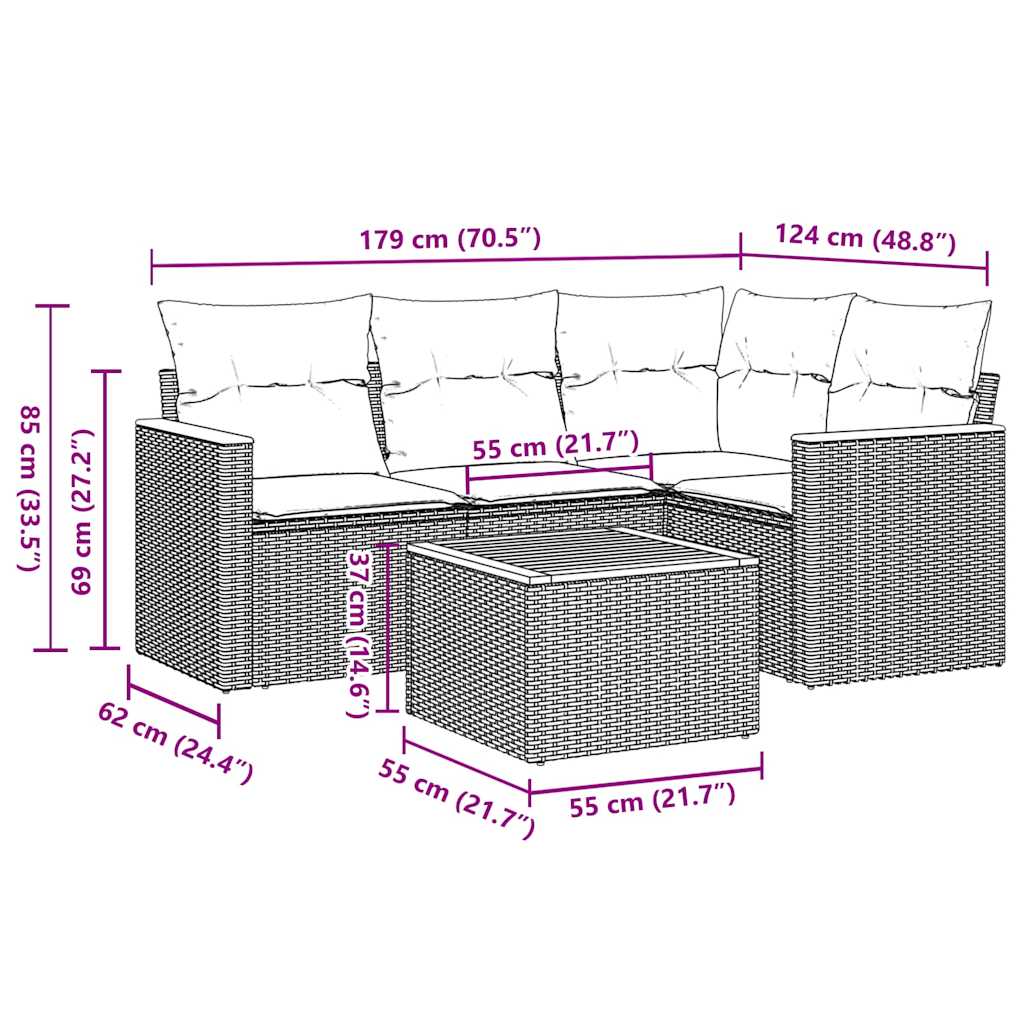 HKH Conjunto Sofás de Jardim com Almofadões Vime Pe - Preto