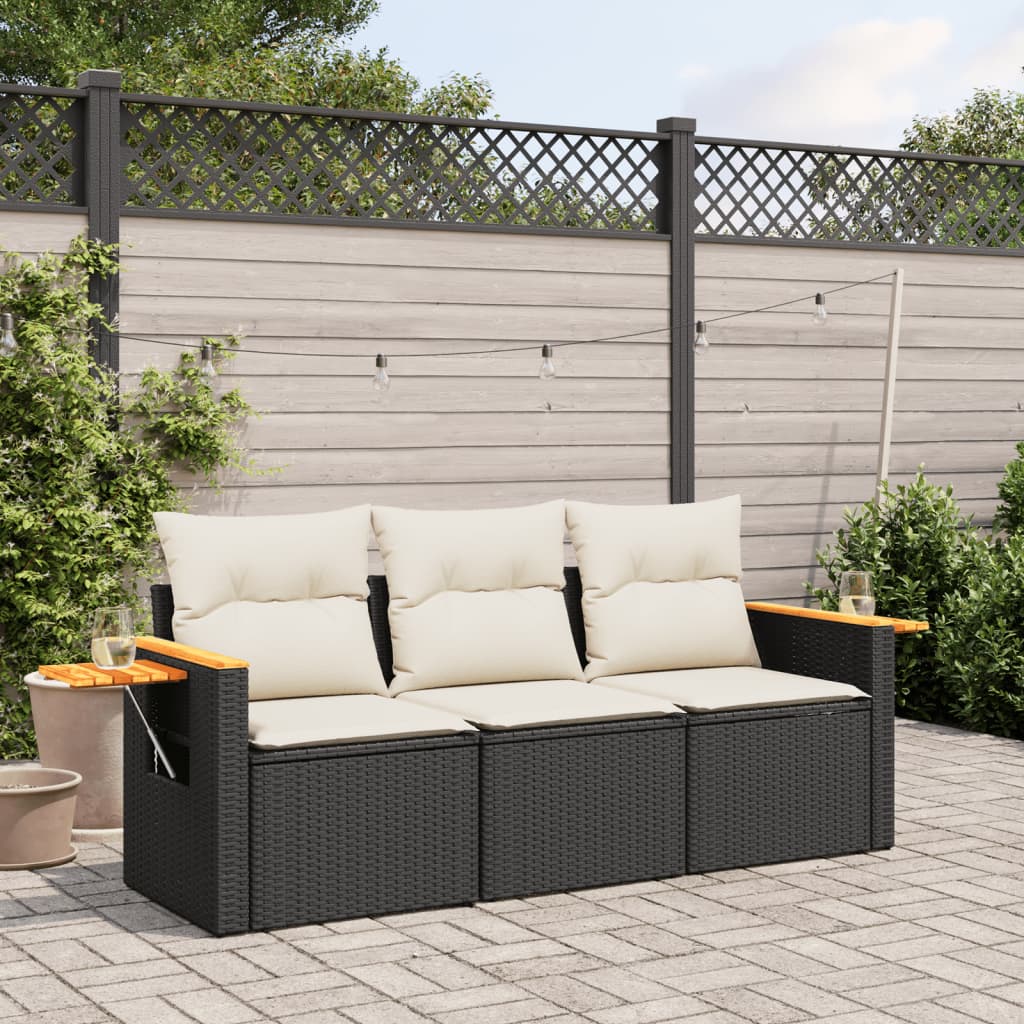 HKH 3 Pcs Conjunto Sofás de Jardim com Almofadões Vime Pe - Preto
