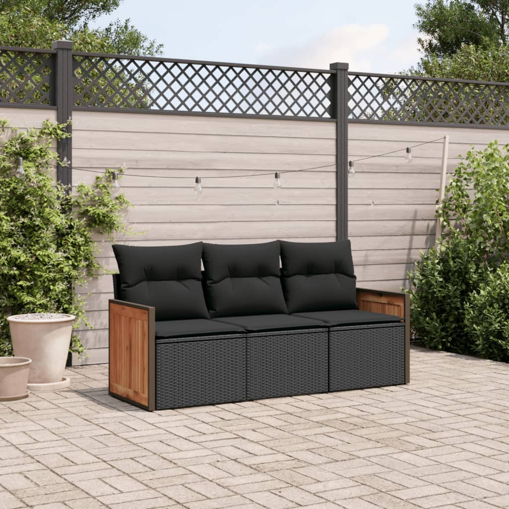 HKH 3 Pcs Conjunto Sofás de Jardim com Almofadões Vime Pe - Preto
