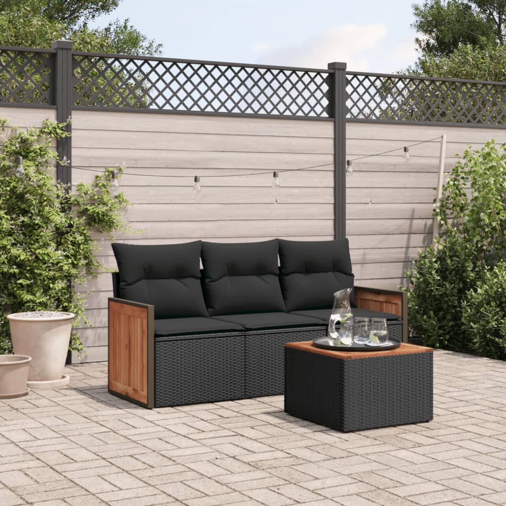 HKH 4 Pcs Conjunto de Sofás para Jardim C/ Almofadões Vime Pe - Preto