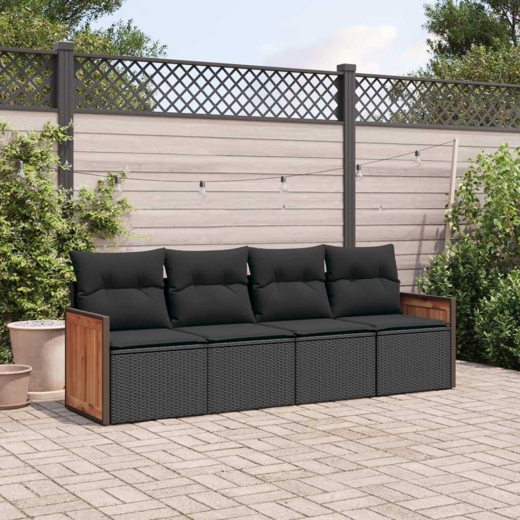 HKH 4 Pcs Conjunto de Sofás para Jardim C/ Almofadões Vime Pe - Preto