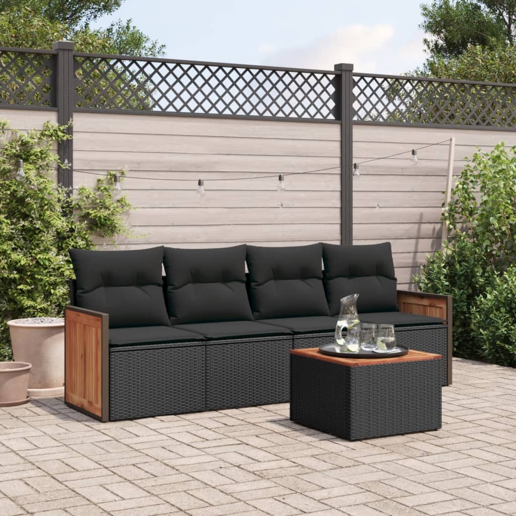 HKH 5 Pcs Conjunto Sofás de Jardim com Almofadões Vime Pe - Preto