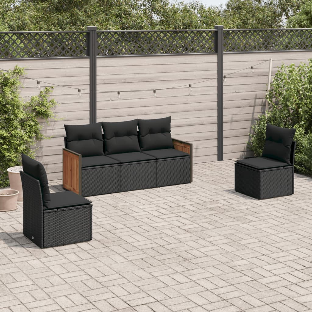 HKH 5 Pcs Conjunto Sofás de Jardim com Almofadões Vime Pe - Preto