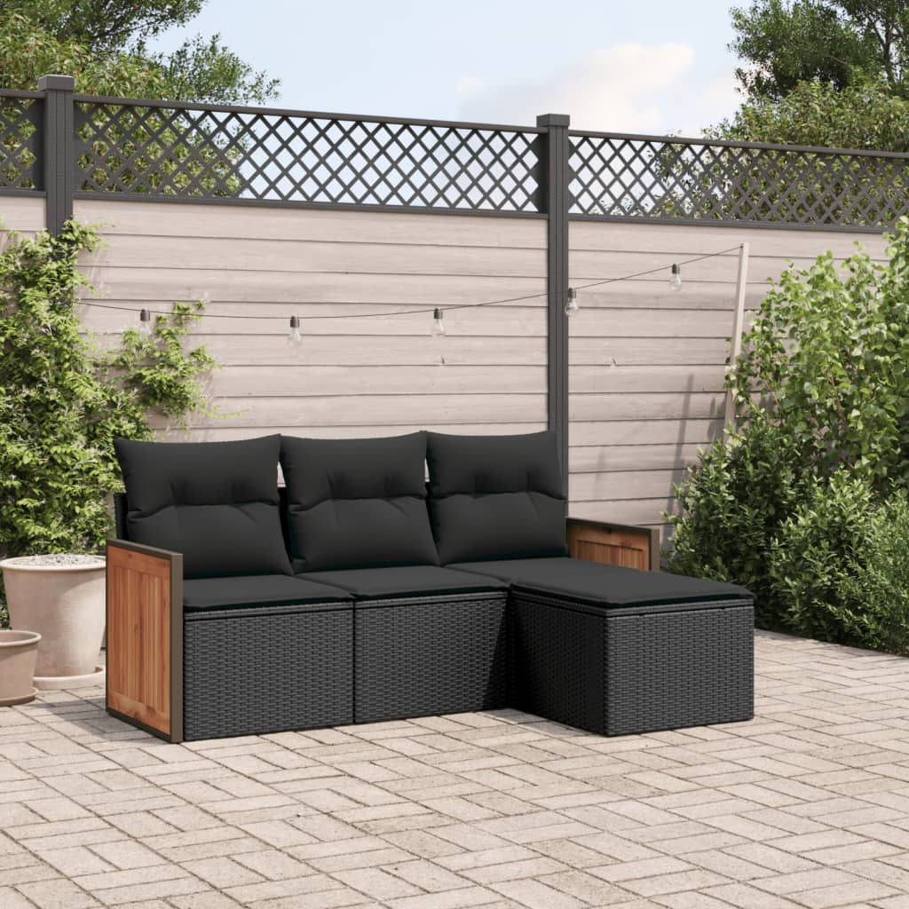 HKH 4 Pcs Conjunto de Sofás para Jardim C/ Almofadões Vime Pe - Preto