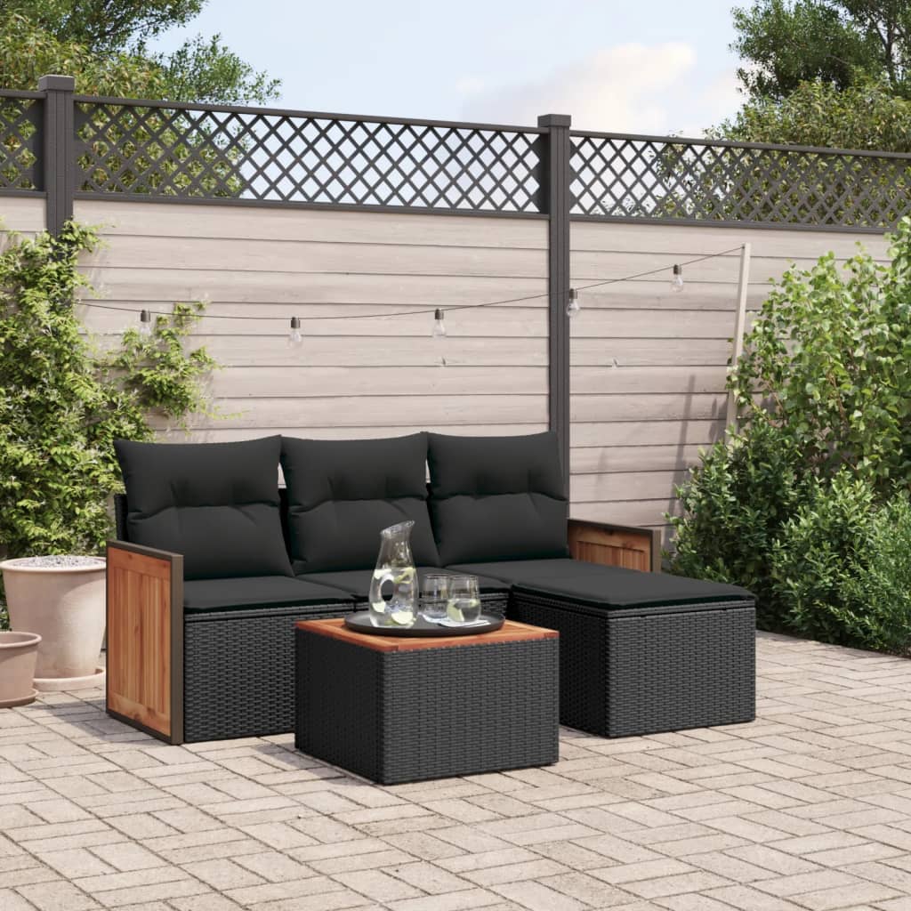 HKH 5 Pcs Conjunto Sofás de Jardim com Almofadões Vime Pe - Preto