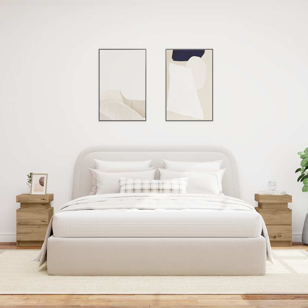 HKH Conjunto de 2 Mesas de Cabeceira com Luz Led em Derivados de Madeira Artisiano em Carvalho