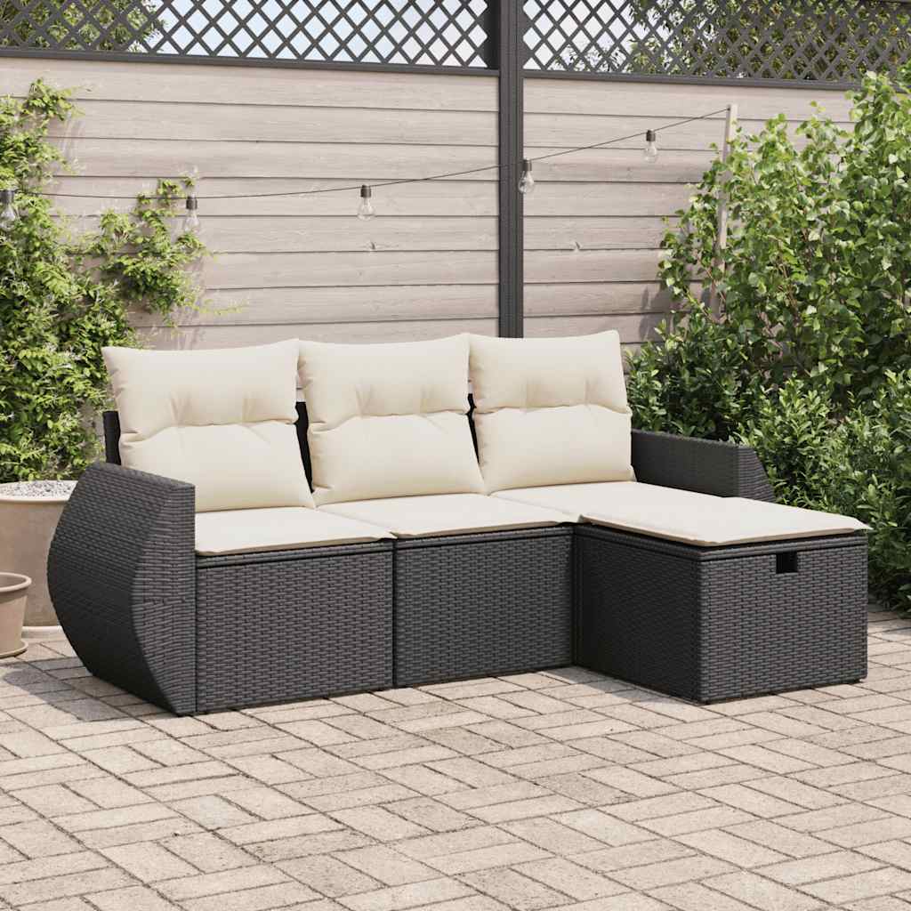 HKH 4 Pcs Conjunto de Sofás para Jardim C/ Almofadões Vime Pe - Preto