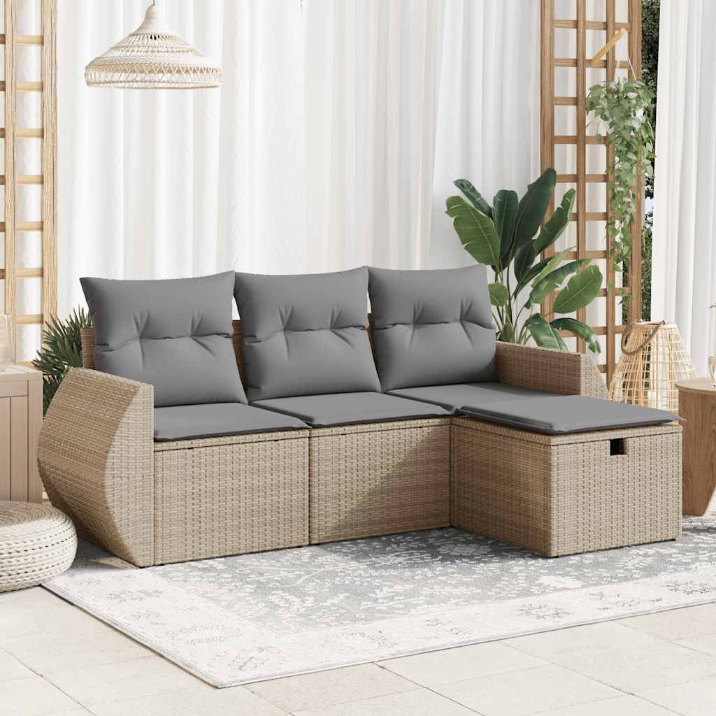 HKH 4 Pcs Conjunto de Sofás para Jardim C/ Almofadões Vime Pe - Bege