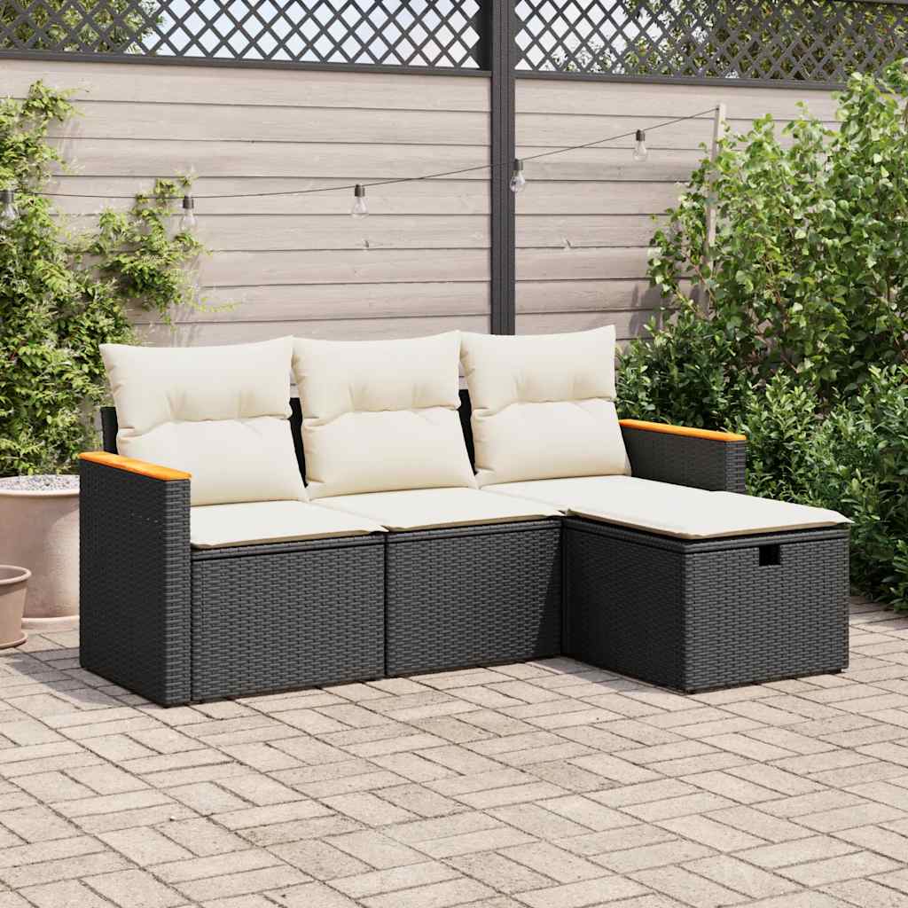 HKH 4 Pcs Conjunto de Sofás para Jardim C/ Almofadões Vime Pe - Preto