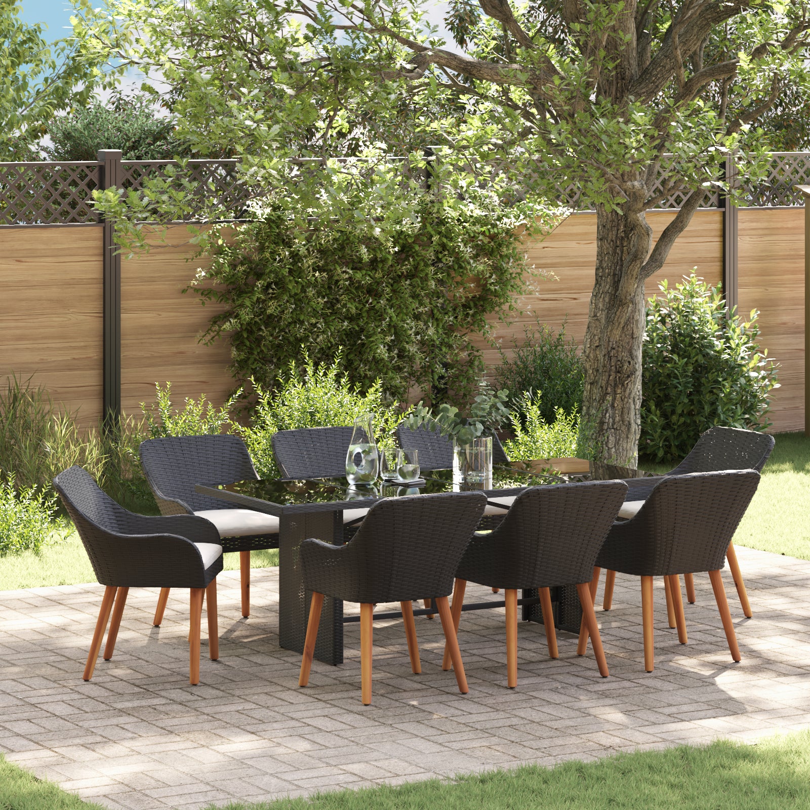 HKH Conjunto de Jantar de Jardim de 9 Peças em Rattan - Preto