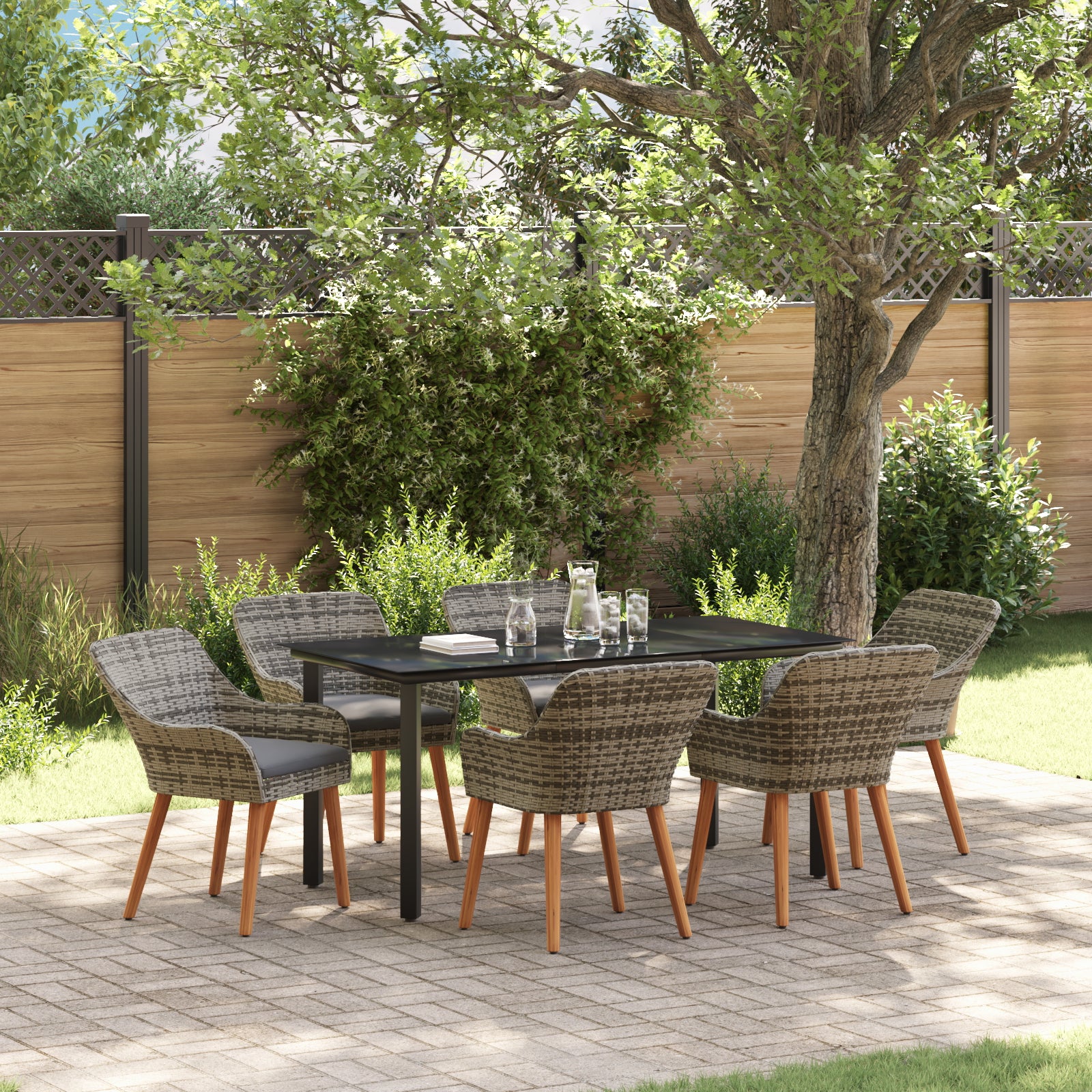 HKH Conjunto de Jantar de Jardim com 7 Peças em Rattan Poly Cinza - Cinzento