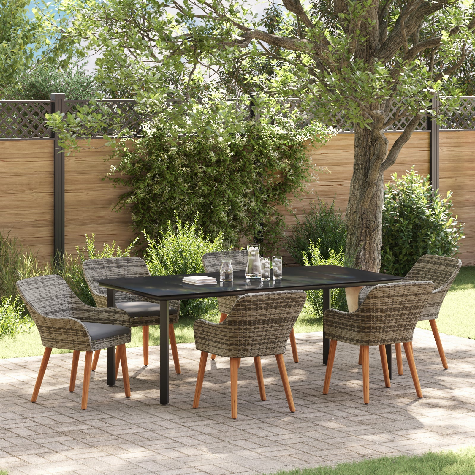 HKH Conjunto de Jantar de Jardim de 7 Peças Cinza em Vime Pe - Cinzento