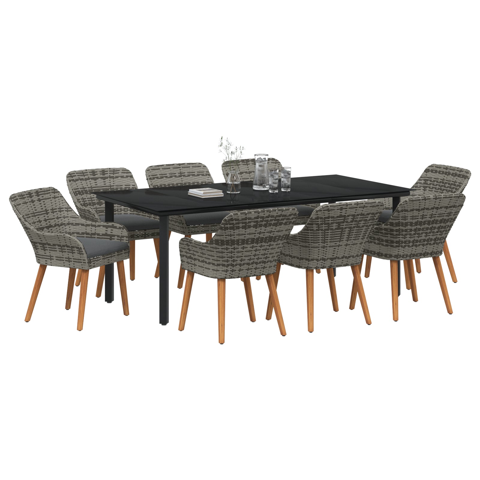 HKH Conjunto de Jantar de Jardim 9 Peças Cinza Rattan Poliéster - Cinzento