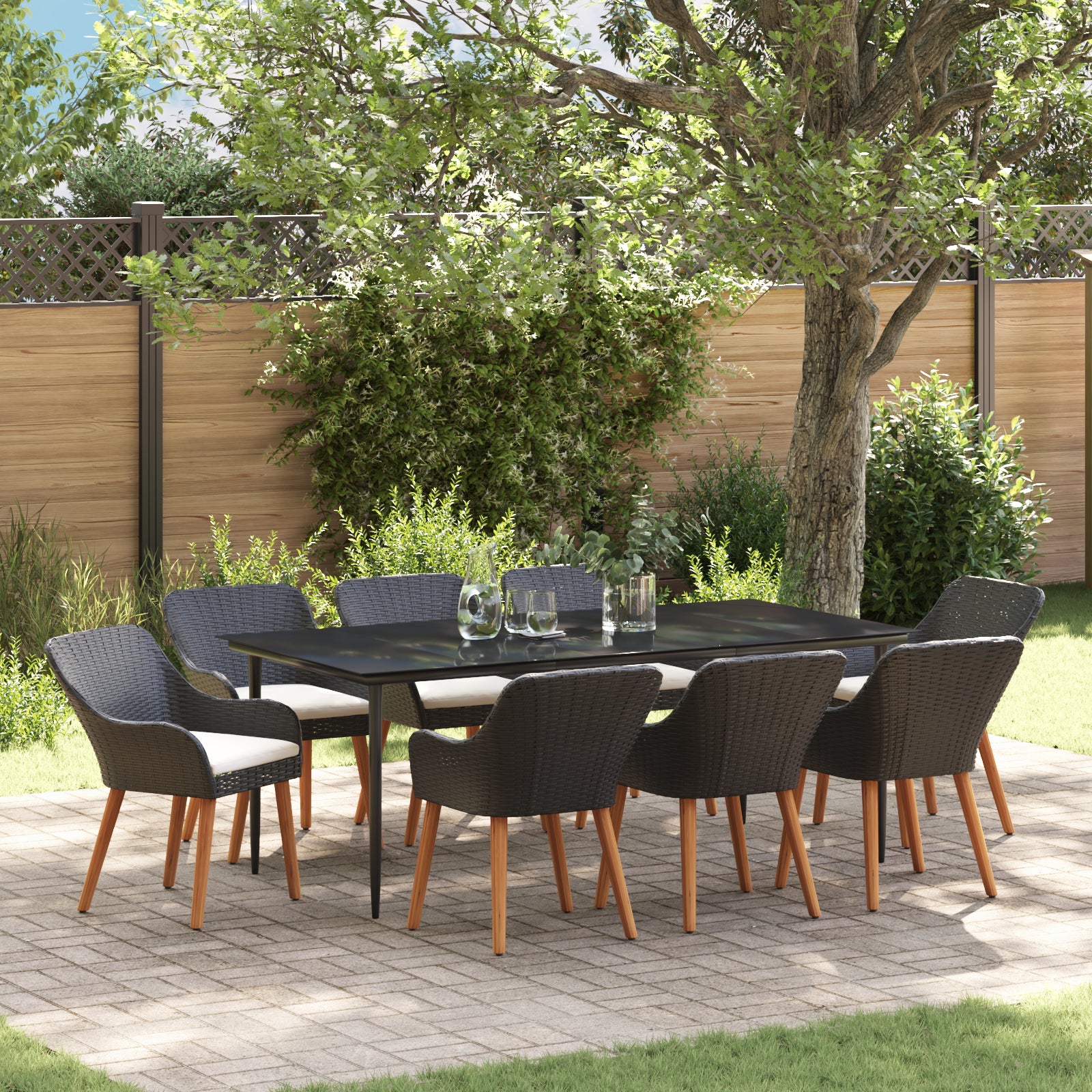 HKH Conjunto de Jantar de Jardim de 9 Peças Poli Rattan - Preto