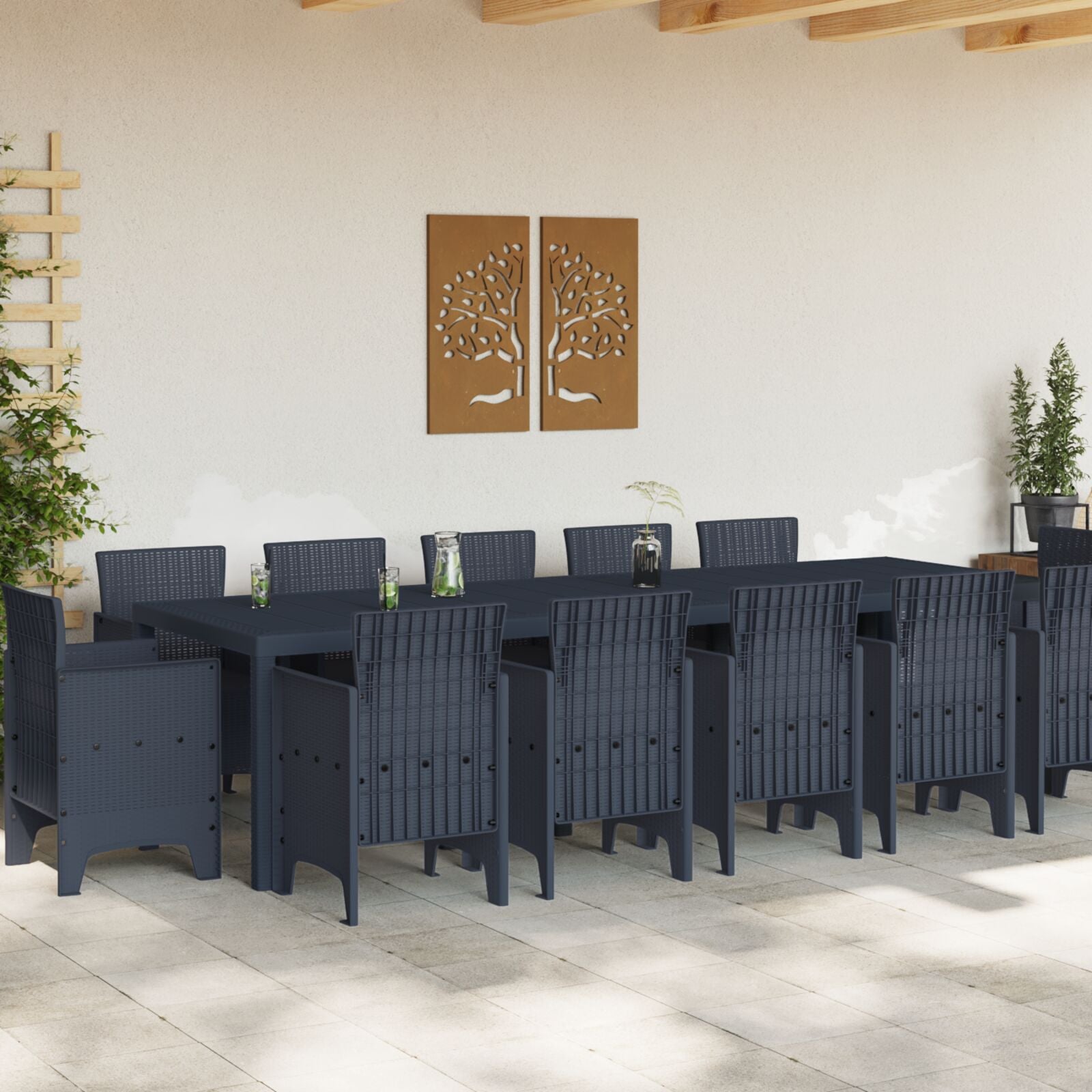 Conjunto de Jantar HKH de 13 Peças em Polirattan, Mesa de Jardim HKH 150x100x73 Cm em Polirattan, Cadeiras de Jardim HKH 4 Pcs em Polirattan - Antracite