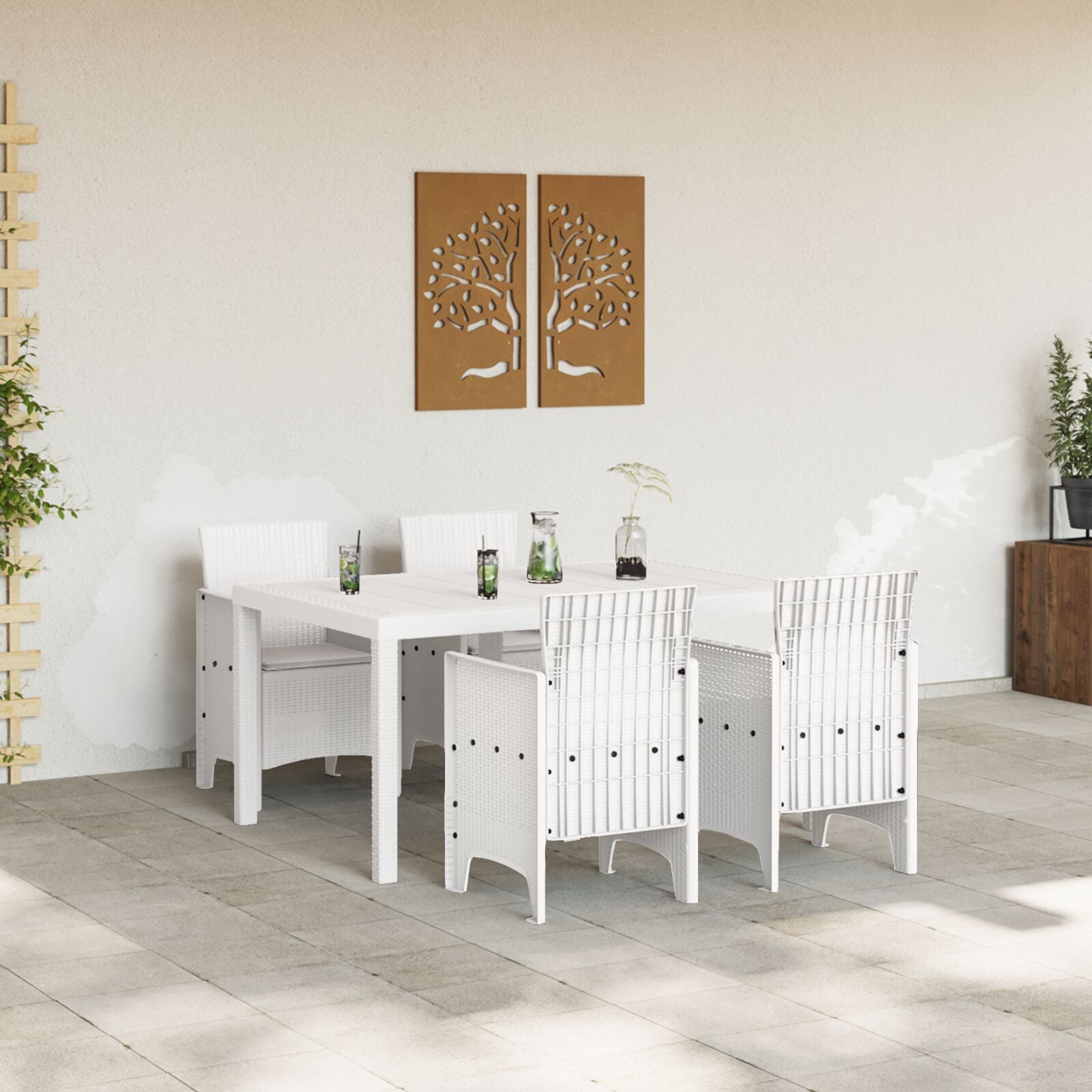 HKH Conjunto de Jantar de Jardim 5 Peças com Almofadas Rattan Sintético - Branco