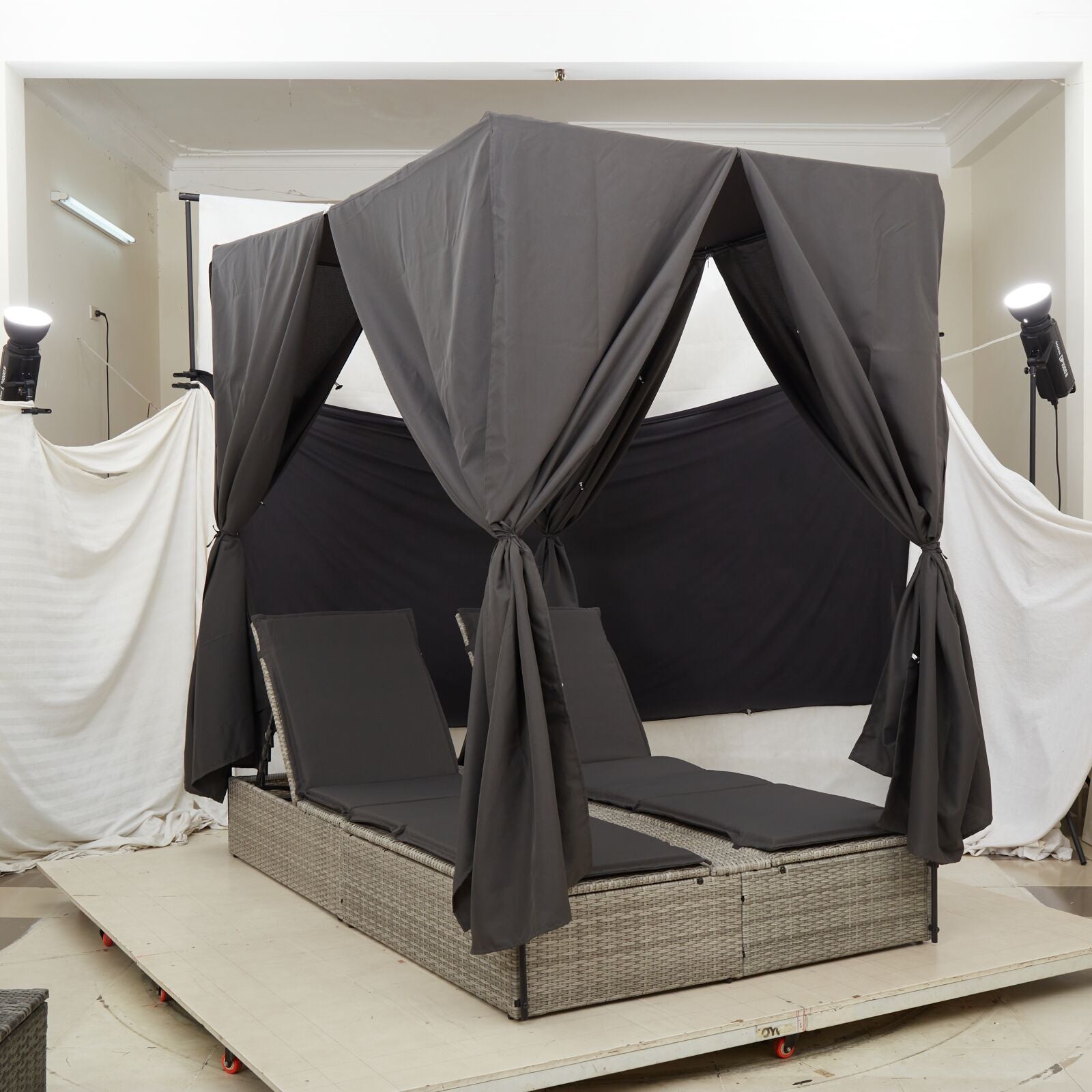 HKH Camas De Sol Dupla Com Teto E Cortinas Cinza Claro Em Vime Sintético - Cinzento-claro