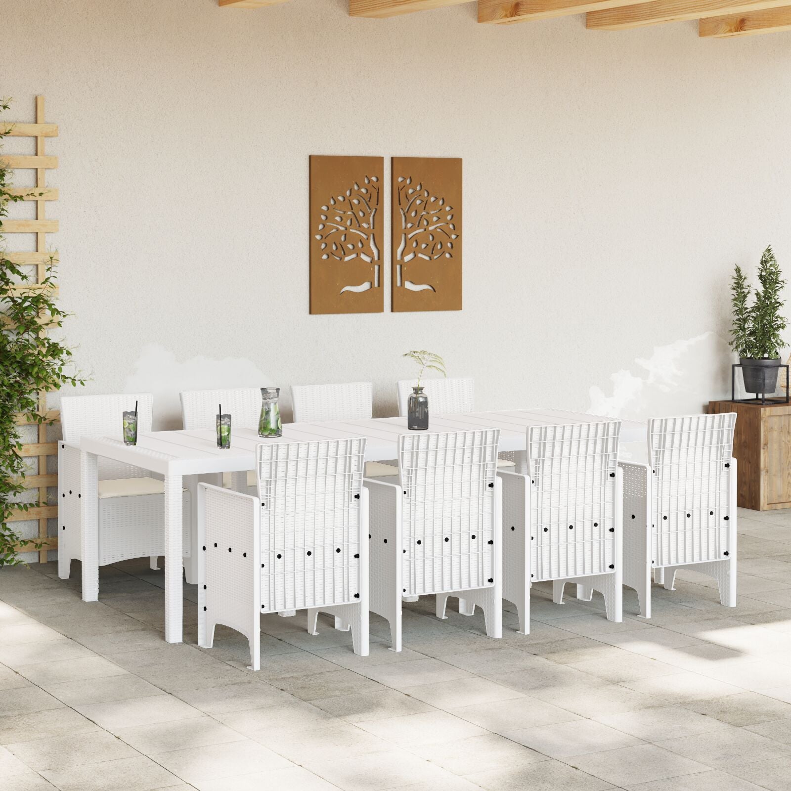HKH Conjunto de Jantar de Jardim com 9 Peças e Almofadas Cinza Claro em Rattan Sintético - Branco