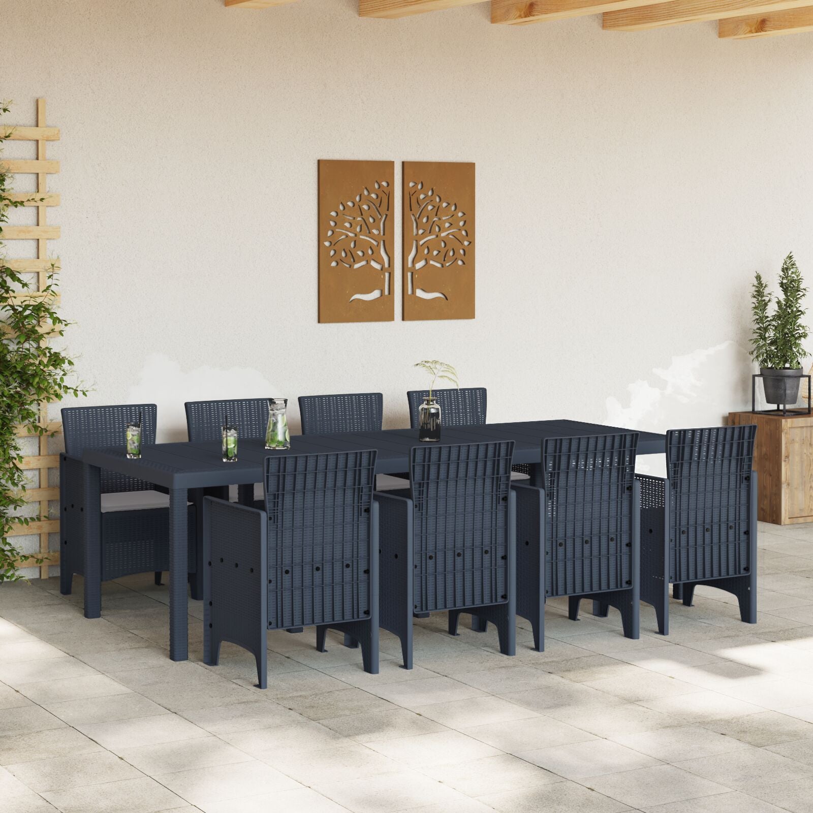 HKH Conjunto de Jantar de 9 Peças com Almofadas Anthracite Poly Rattan - Preto