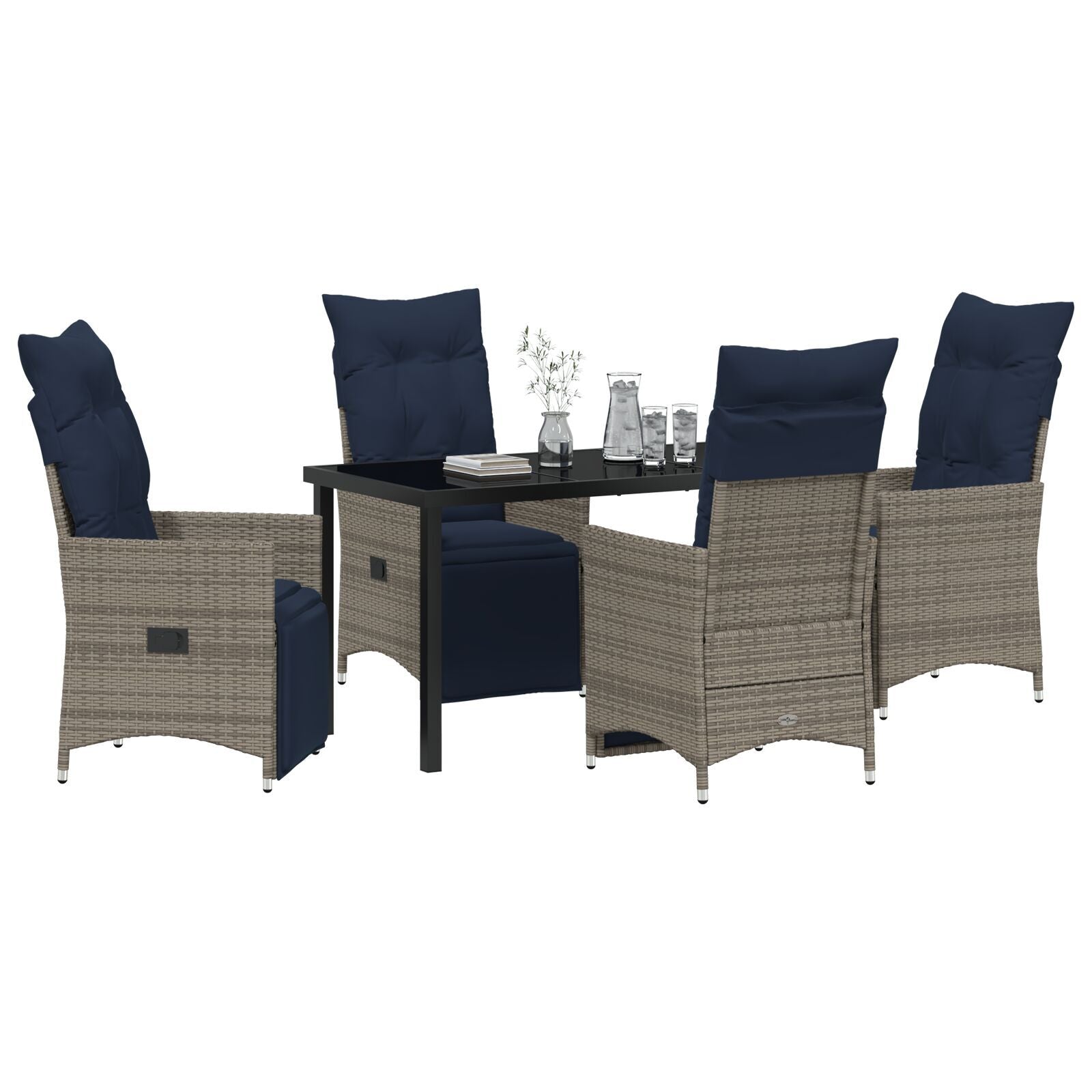 Conjunto de Jantar HKH de 5 Peças com Almofadas em Rattan Cinza Poliéster, Mesa de Jardim HKH Preta 140x80x73 Cm em Vidro Temperado - Azul