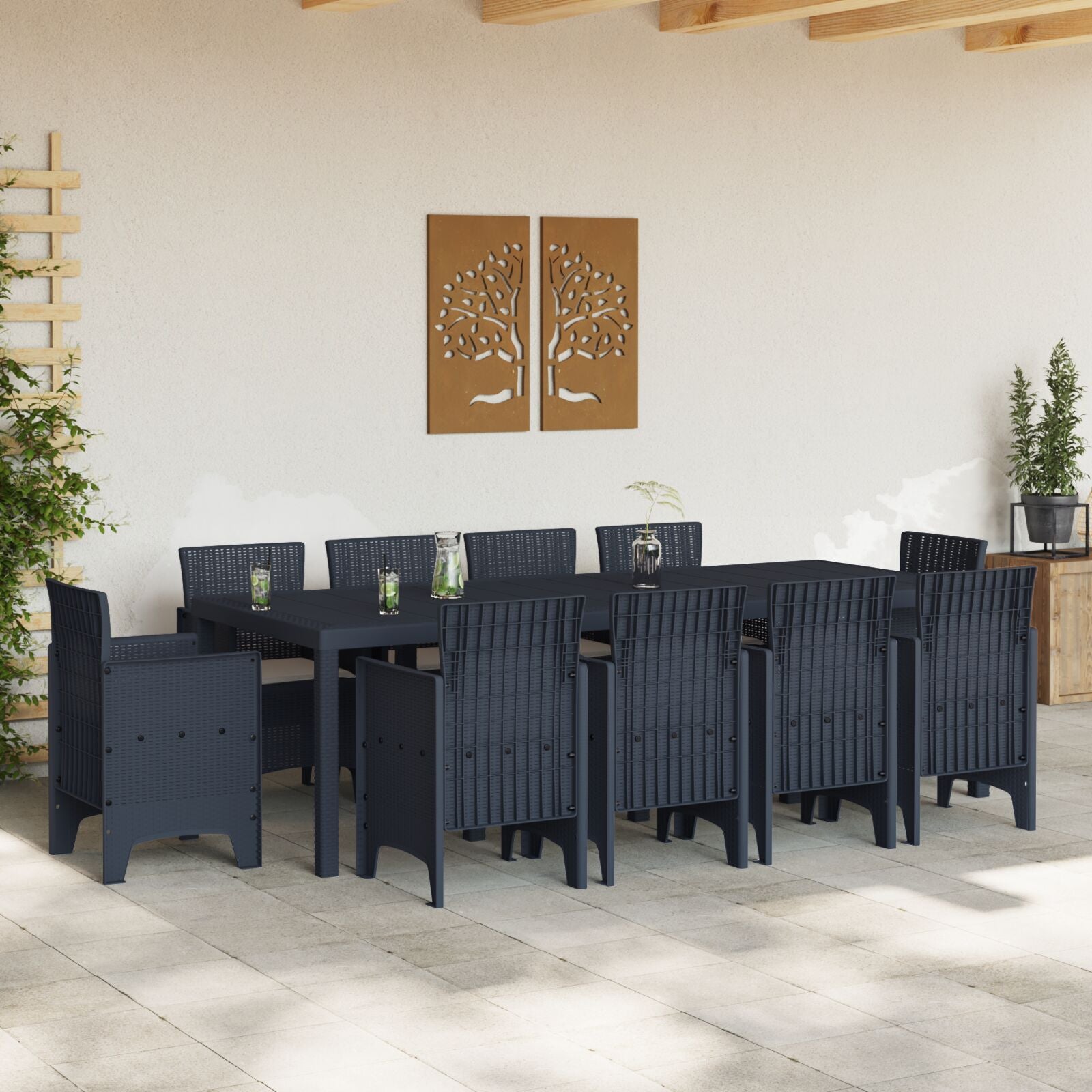 HKH Conjunto de Jantar de 11 Peças com Almofadas Antracite Poli Rattan - Preto
