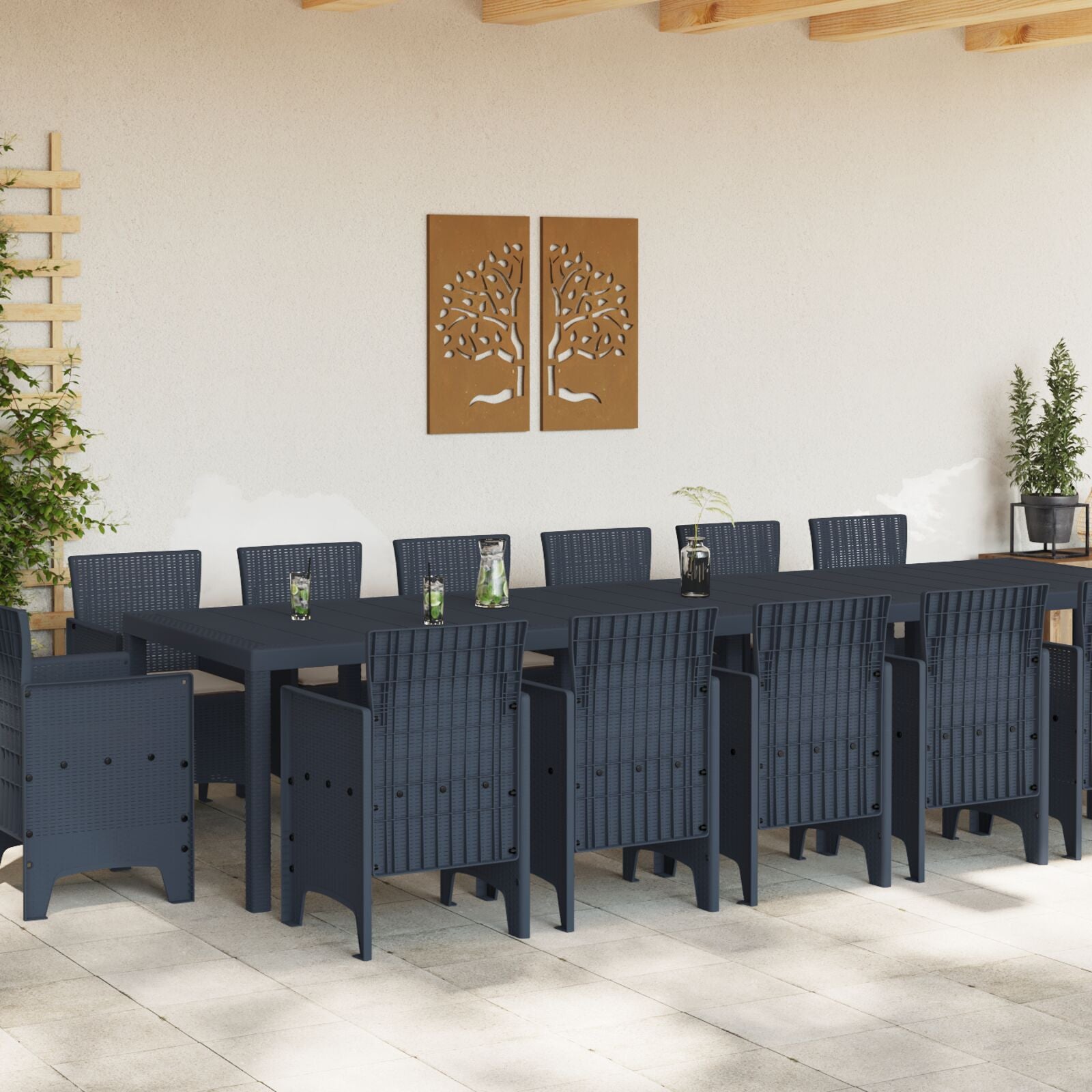 HKH Conjunto de Jantar de Jardim de 15 Peças em Polirattan com Mesa 200x100x73 Cm + Mesa 150x100x73 Cm + 2 Cadeiras + 4 Cadeiras - Branco