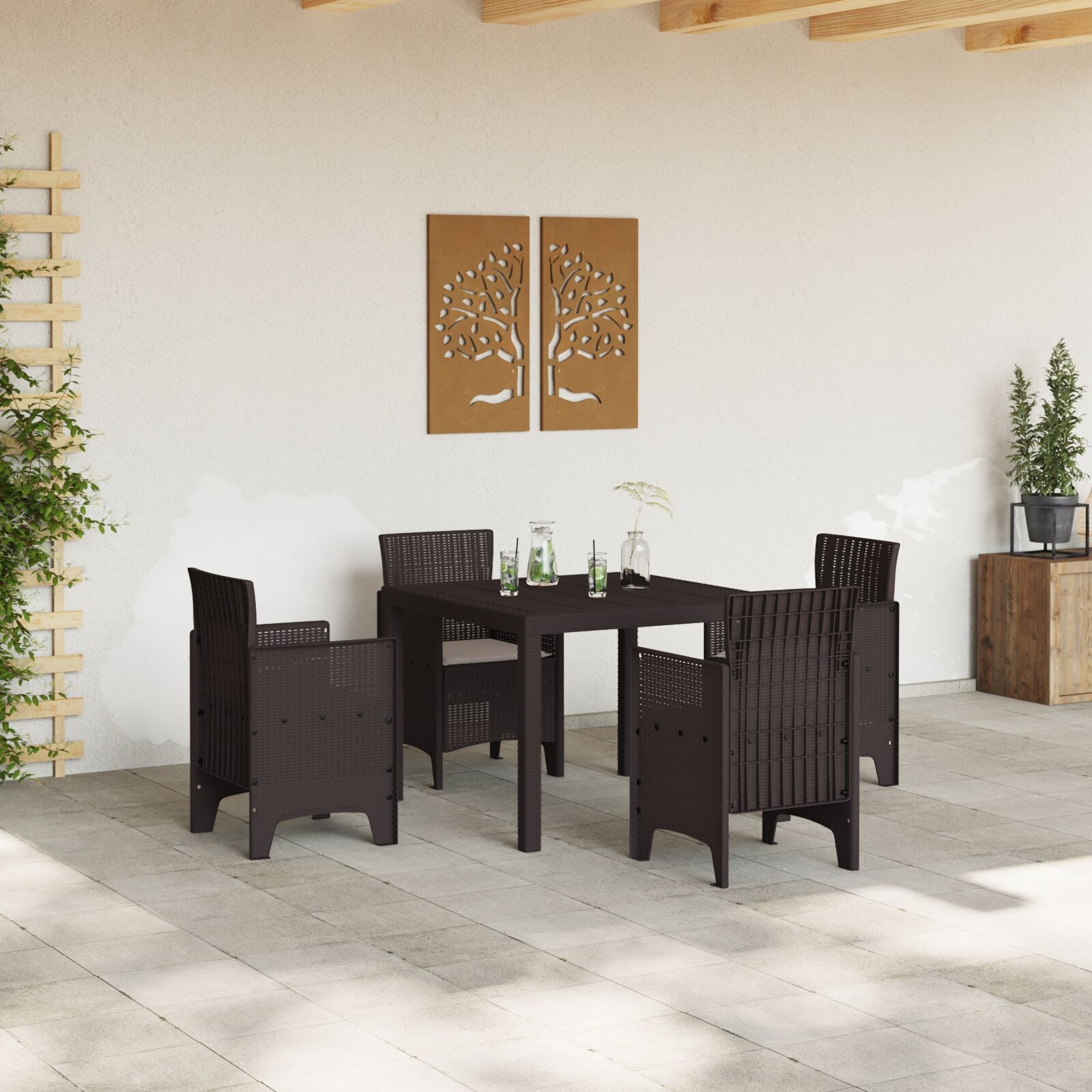 HKH Conjunto de Jantar de 5 Peças com Almofadas Rattan Sintético - Castanho