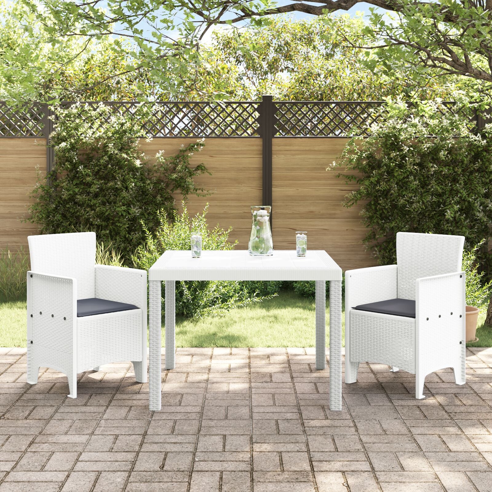 HKH Conjunto de Jantar de Jardim de 3 Peças com Almofadas Rattan Sintético - Branco