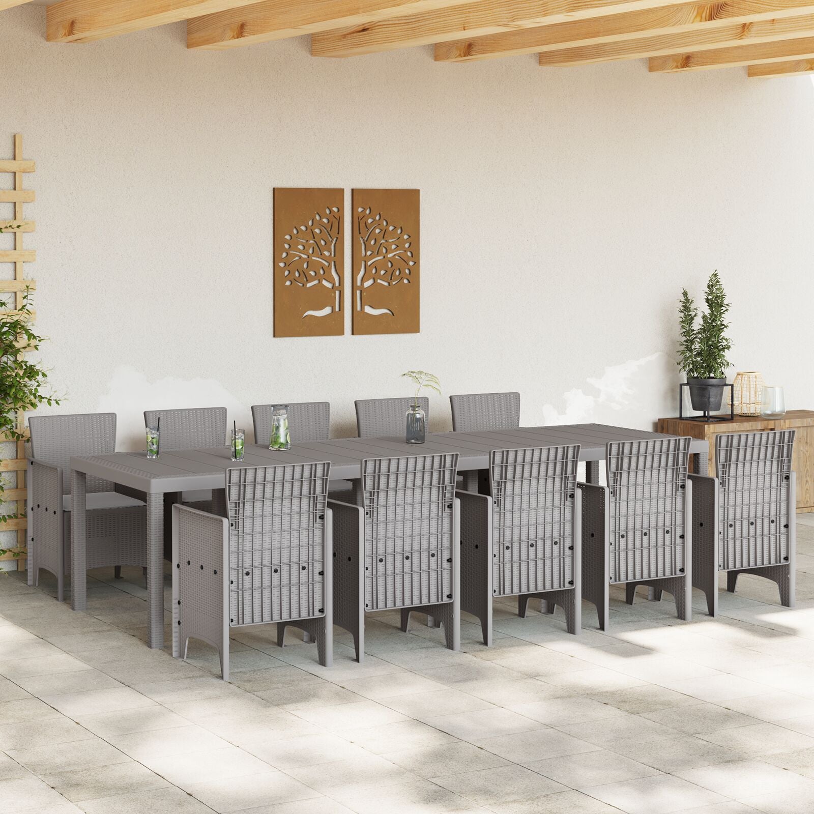 HKH Conjunto de Jantar de Jardim de 11 Peças com Almofadas em Vime Sintético com Mesa 150x100x73 Cm + 2 Cadeiras com Almofadas + 4 Cadeiras com Almofadas - Cinzento Claro
