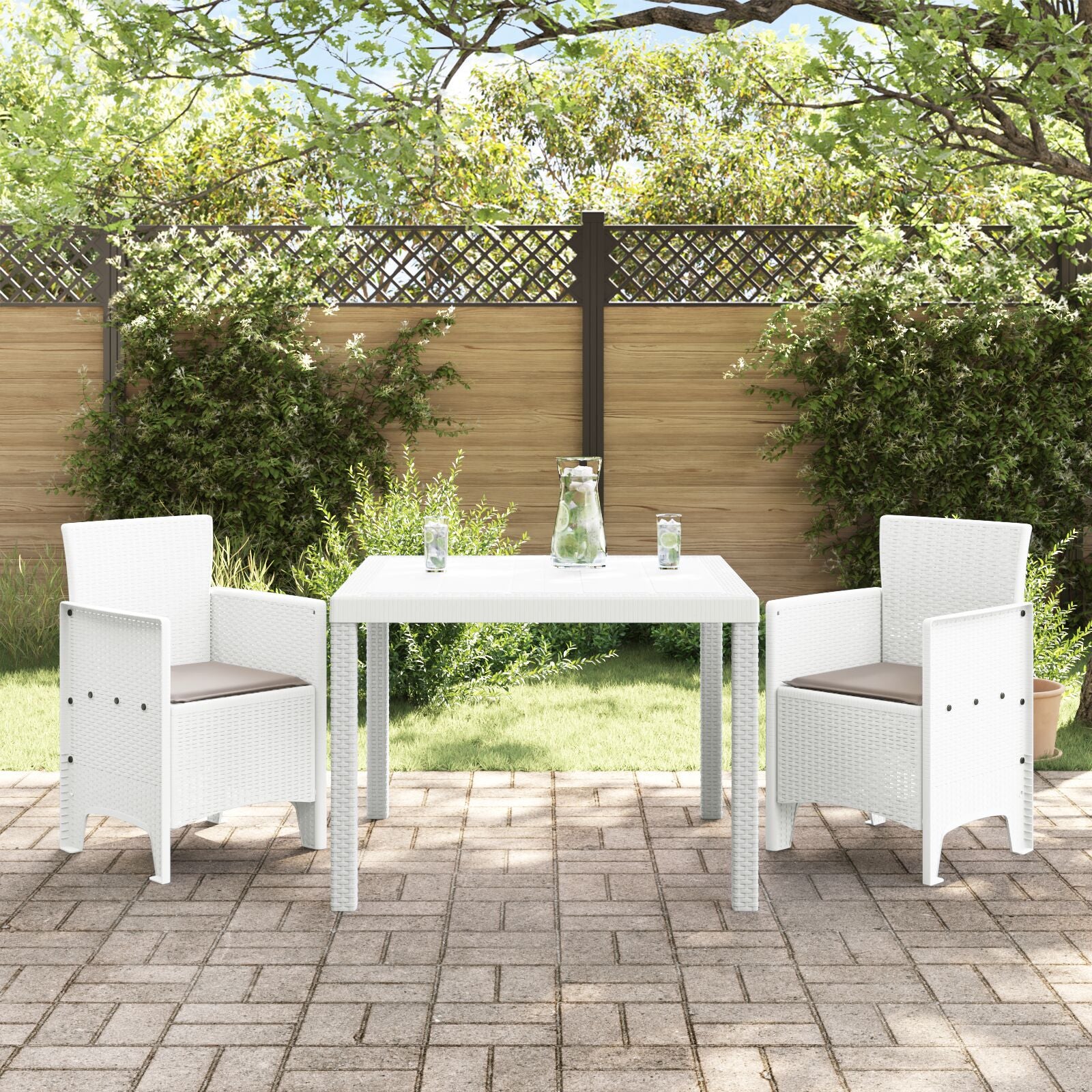 HKH Conjunto de Jantar de 3 Peças para Jardim com Almofadas Rattan Sintético - Branco